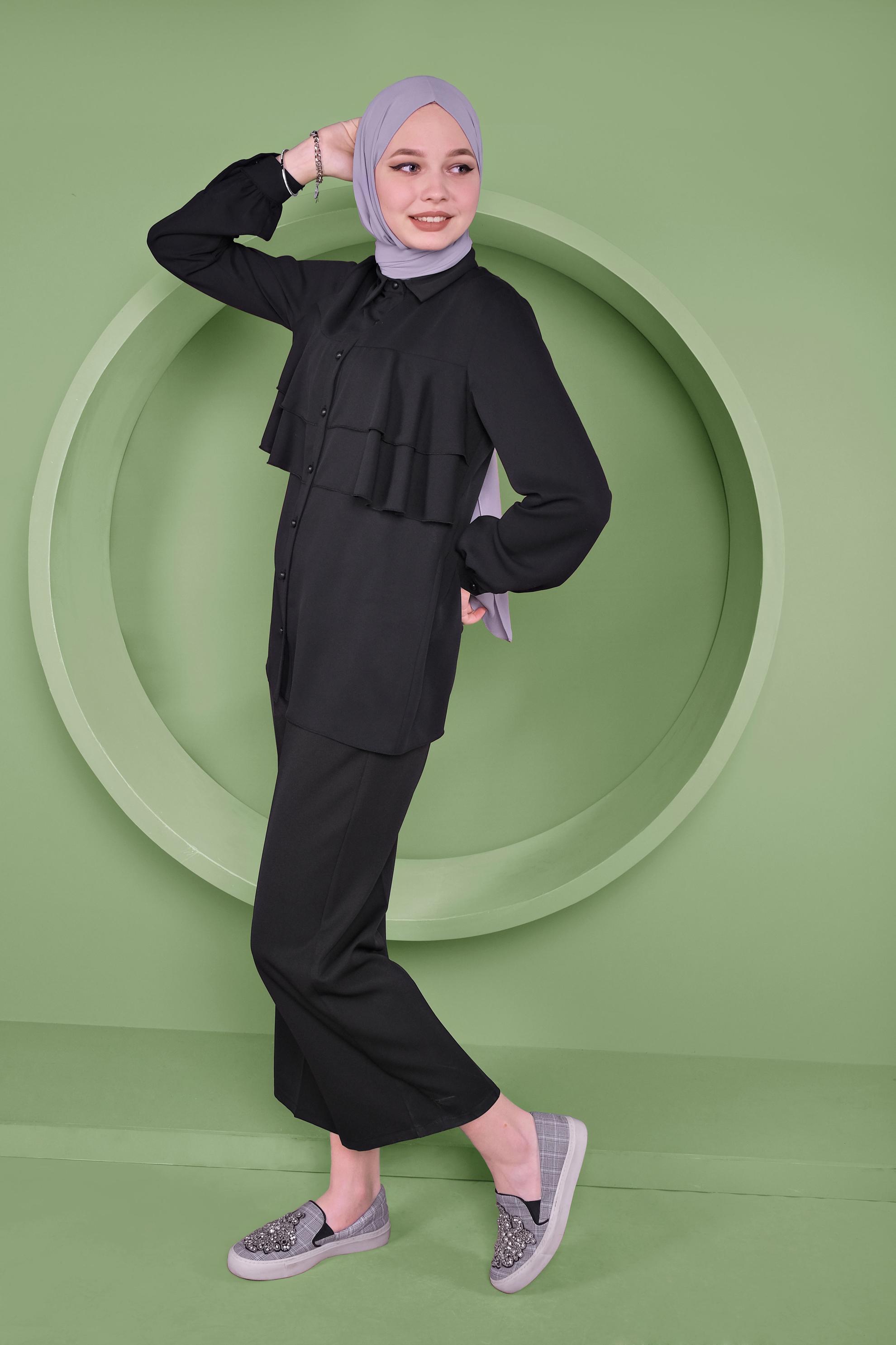 Tesettür giyim SİYAH FIRFIRLI DÜĞMELİ BLUZ 40753