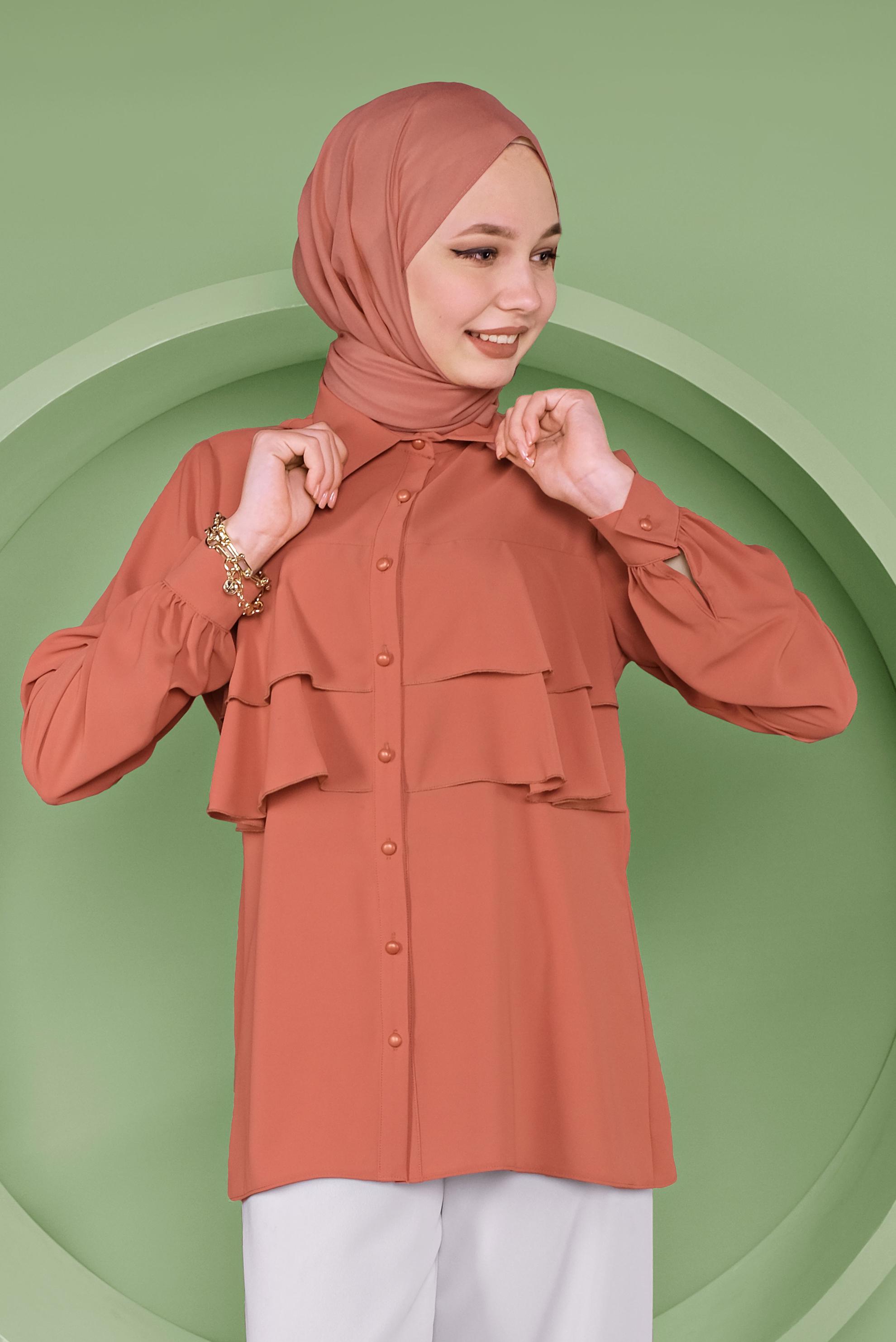 Tesettür giyim TABA FIRFIRLI DÜĞMELİ BLUZ 40753