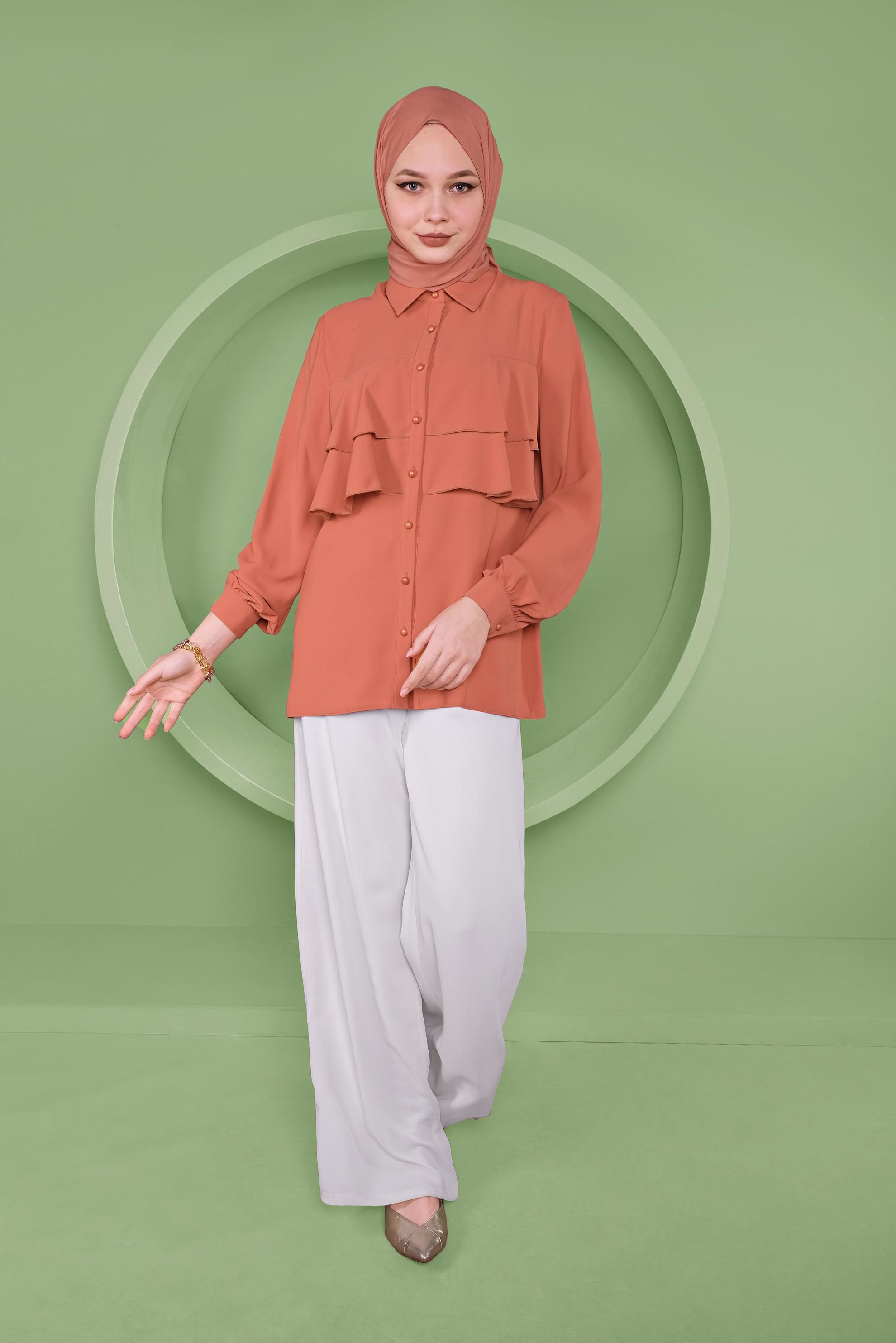 Tesettür giyim TABA FIRFIRLI DÜĞMELİ BLUZ 40753