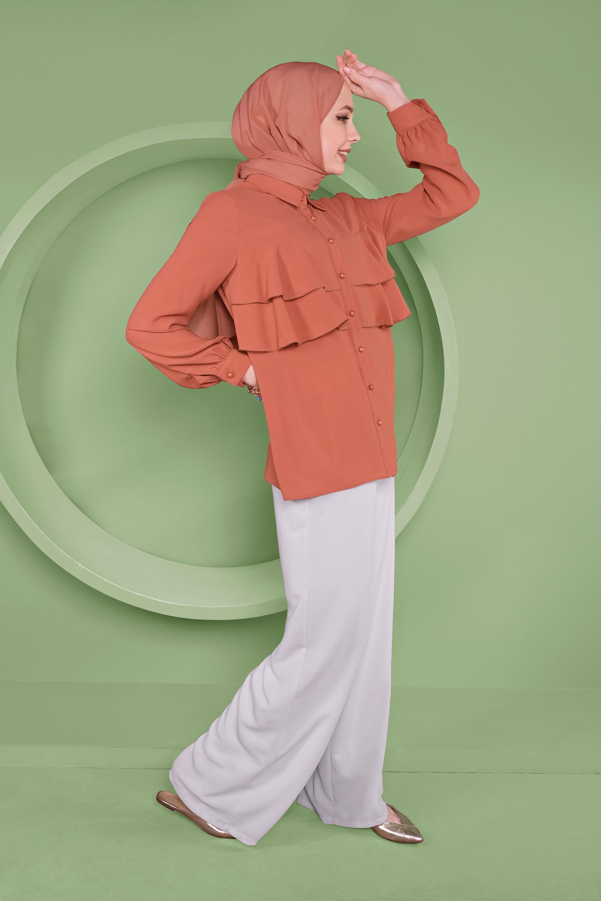 Tesettür giyim TABA FIRFIRLI DÜĞMELİ BLUZ 40753