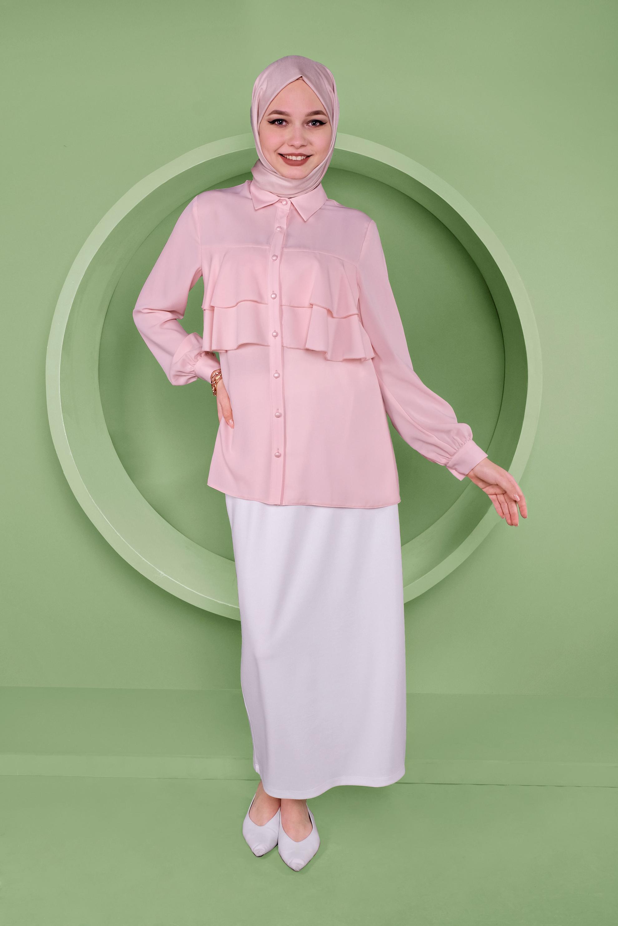 Tesettür giyim PUDRA FIRFIRLI DÜĞMELİ BLUZ 40753