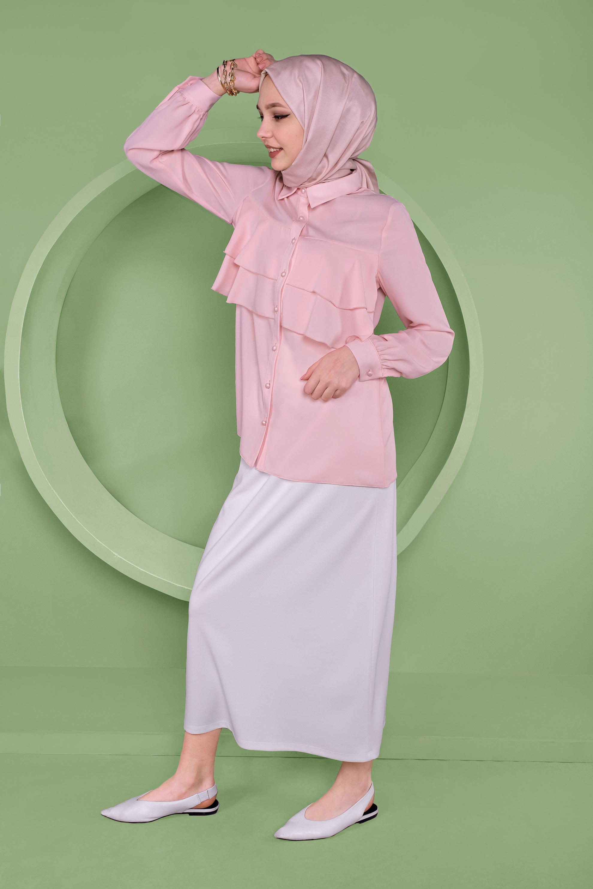 Tesettür giyim PUDRA FIRFIRLI DÜĞMELİ BLUZ 40753