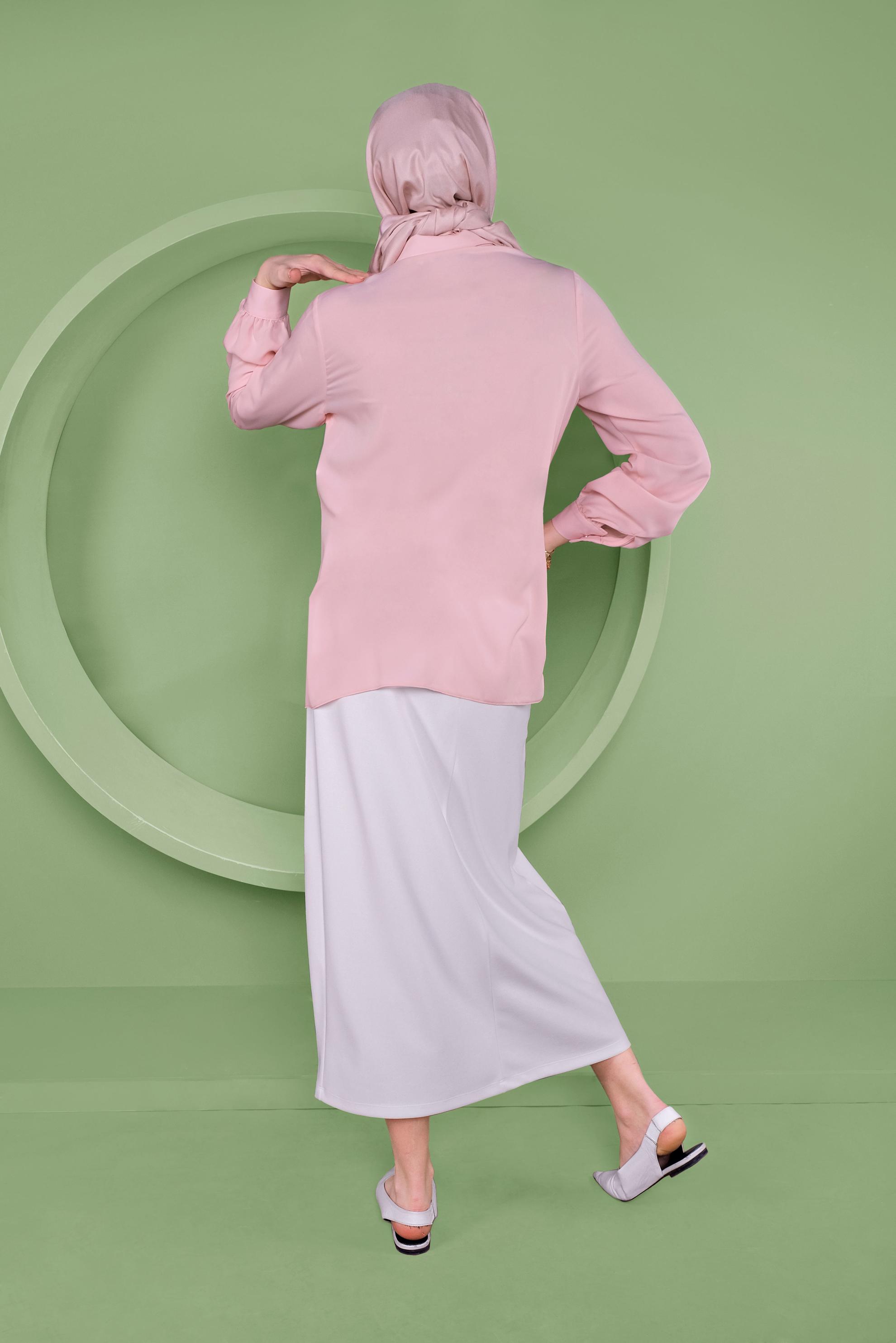 Tesettür giyim PUDRA FIRFIRLI DÜĞMELİ BLUZ 40753