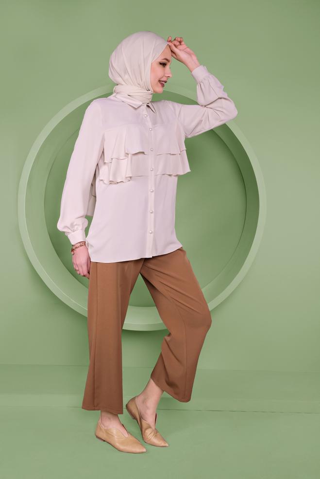 Tesettür giyim BEJ FIRFIRLI DÜĞMELİ BLUZ 40753 - ALVİNA