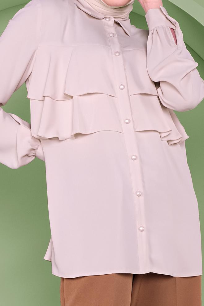 Tesettür giyim BEJ FIRFIRLI DÜĞMELİ BLUZ 40753 - ALVİNA