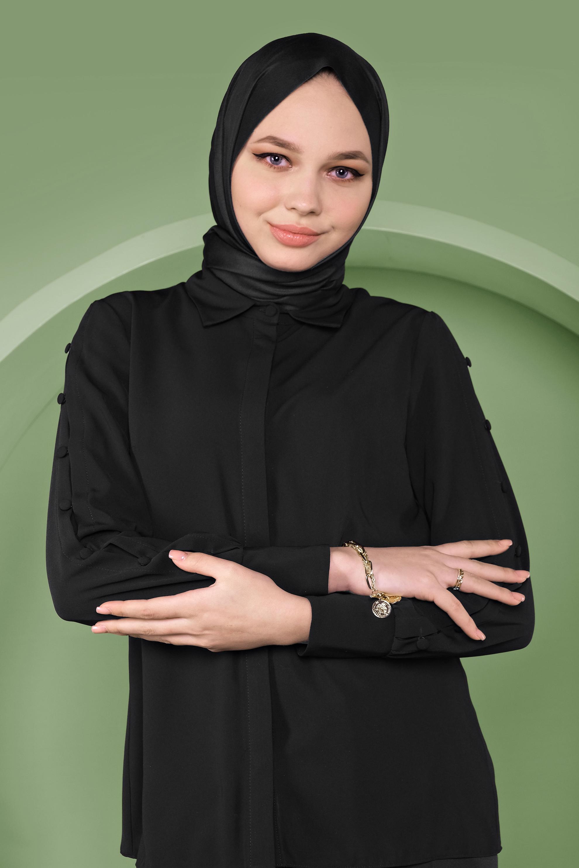 Tesettür giyim SİYAH KOLLARI DÜĞME DETAYLI BLUZ 41263