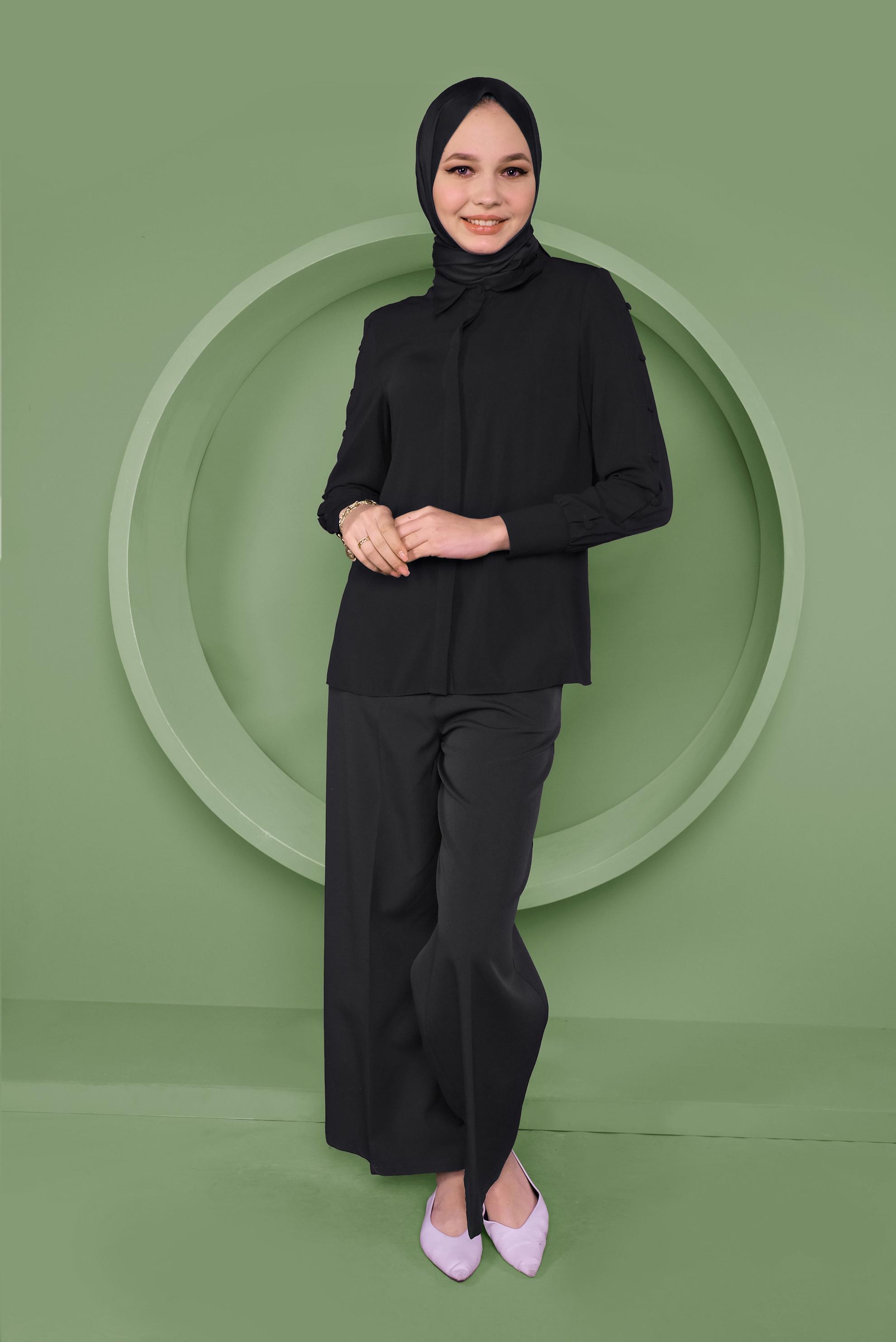 Tesettür giyim SİYAH KOLLARI DÜĞME DETAYLI BLUZ 41263