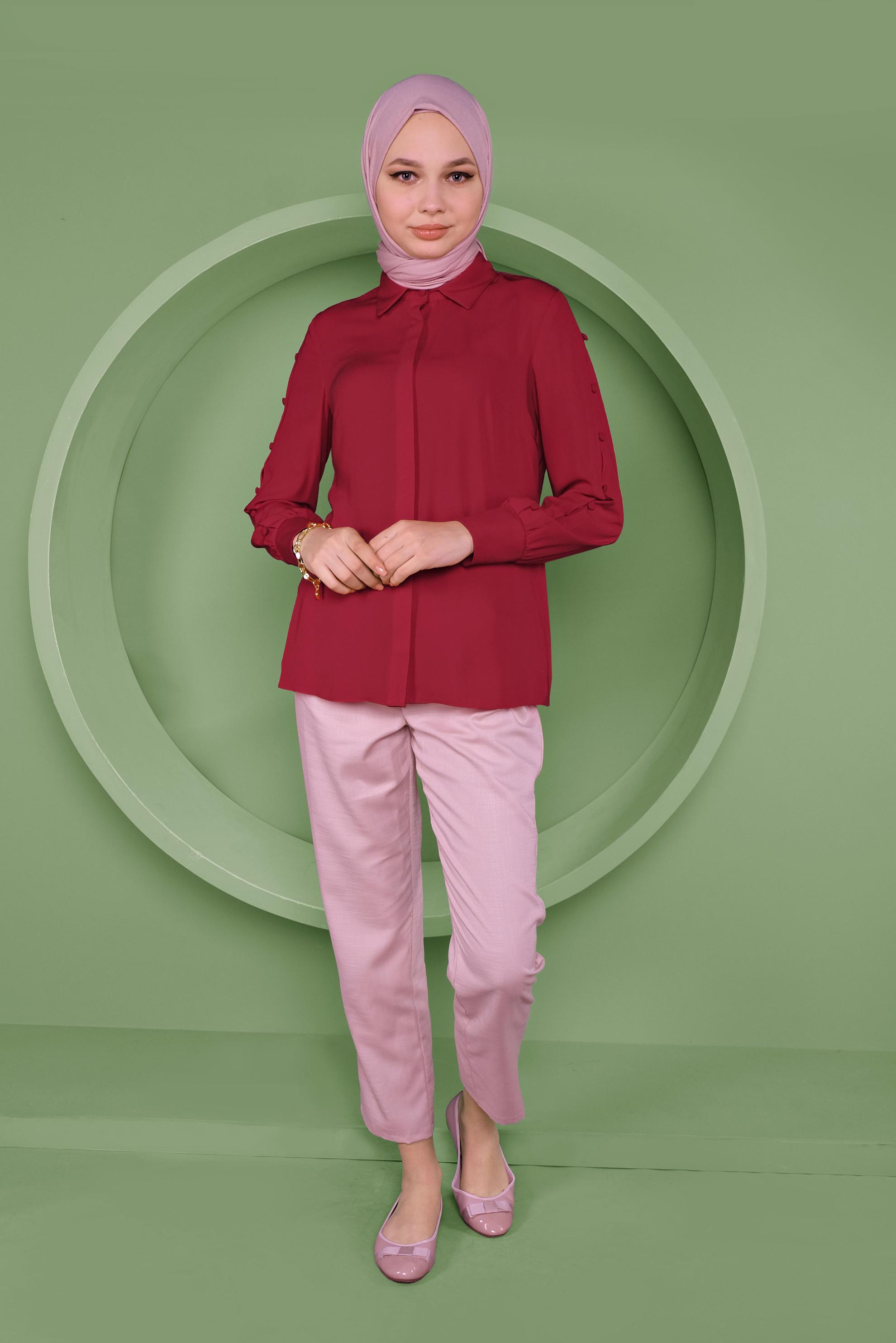 Tesettür giyim KIRMIZI KOLLARI DÜĞME DETAYLI BLUZ 41263