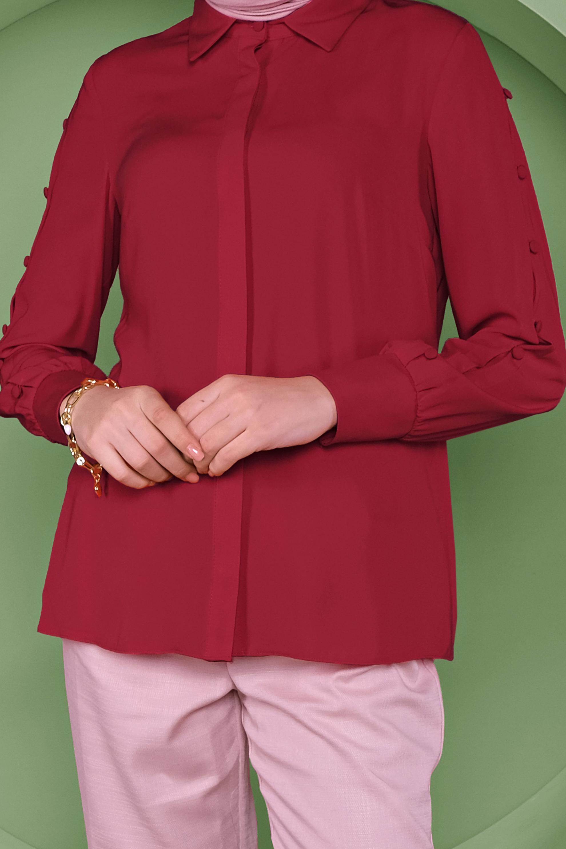 Tesettür giyim KIRMIZI KOLLARI DÜĞME DETAYLI BLUZ 41263