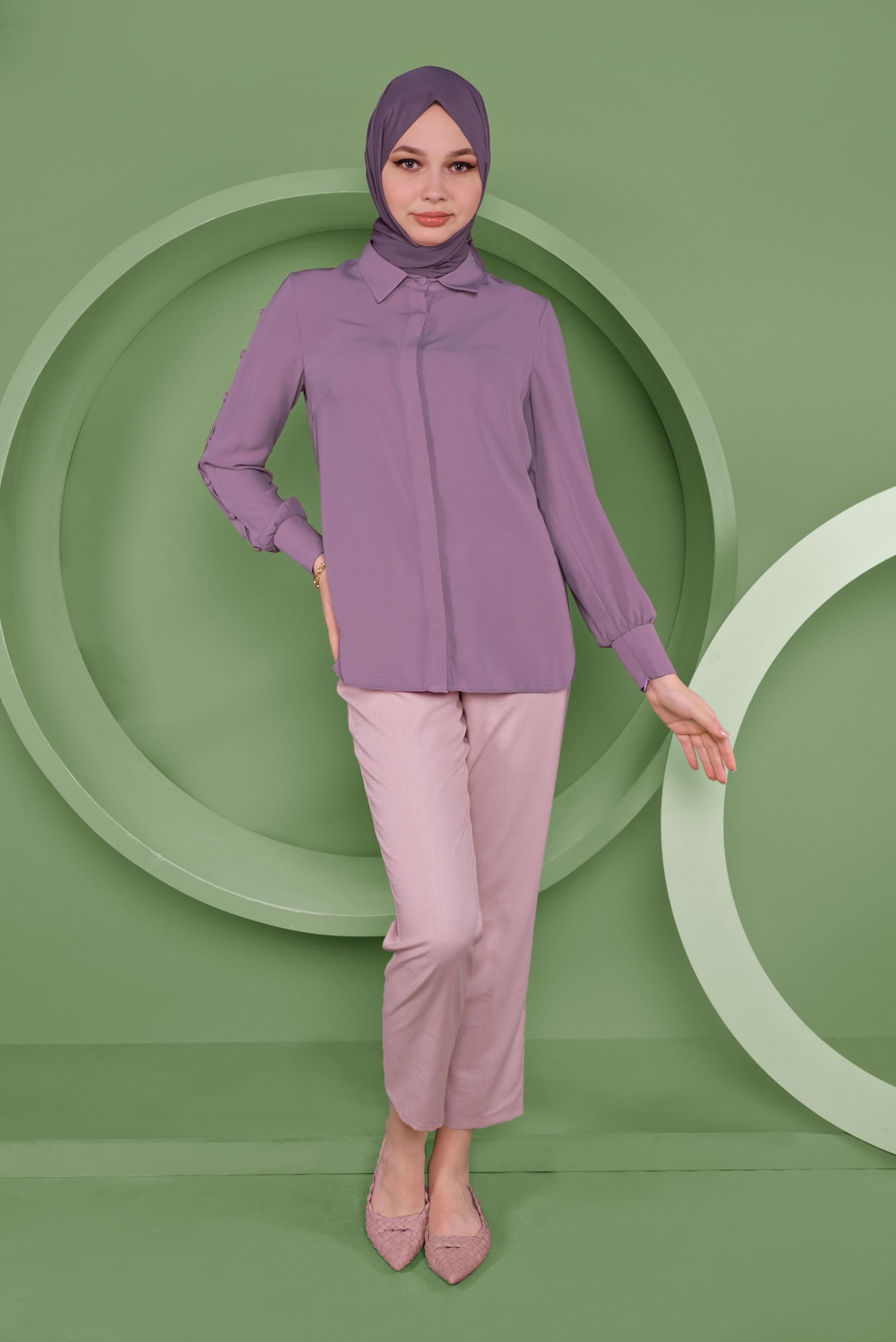 Tesettür giyim MOR KOLLARI DÜĞME DETAYLI BLUZ 41263