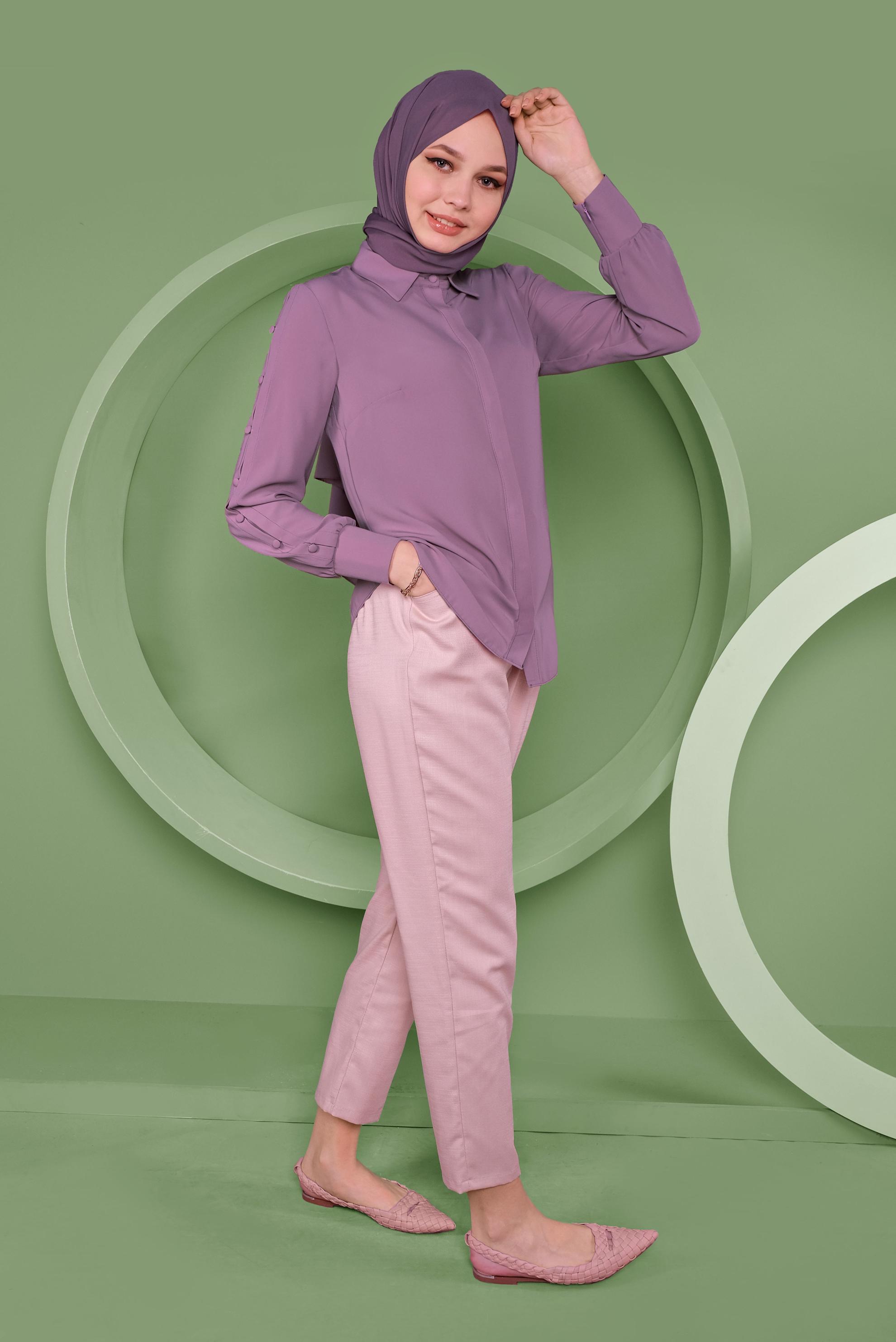 Tesettür giyim MOR KOLLARI DÜĞME DETAYLI BLUZ 41263