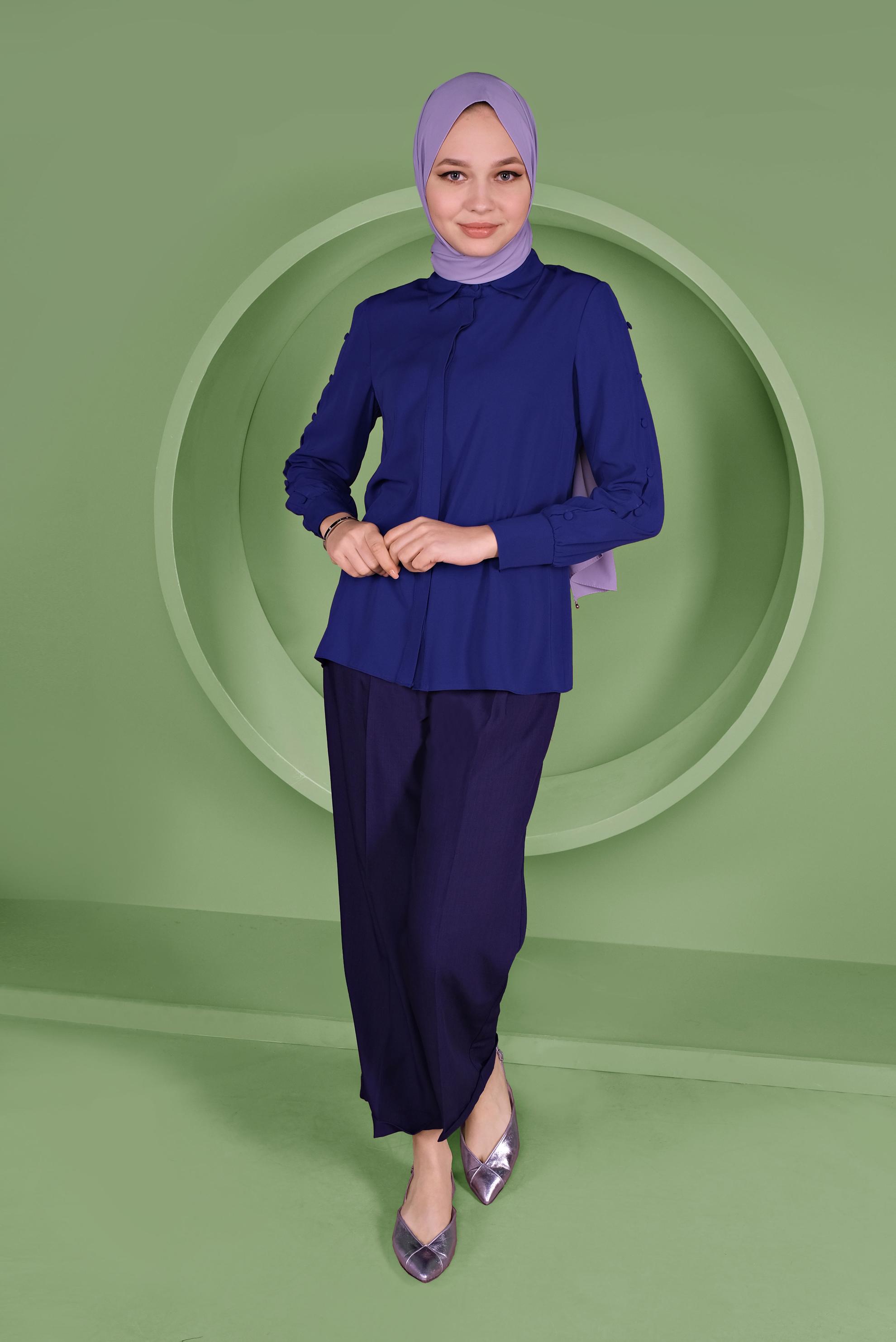 Tesettür giyim LACİVERT KOLLARI DÜĞME DETAYLI BLUZ 41263