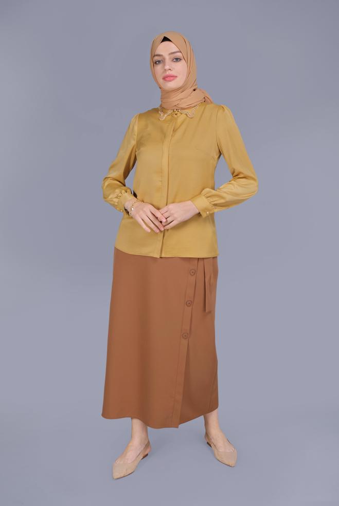 Tesettür giyim SARI YAKASI BONCUK İŞLEMELİ DÜĞMELİ BLUZ 41452  - ALVİNA