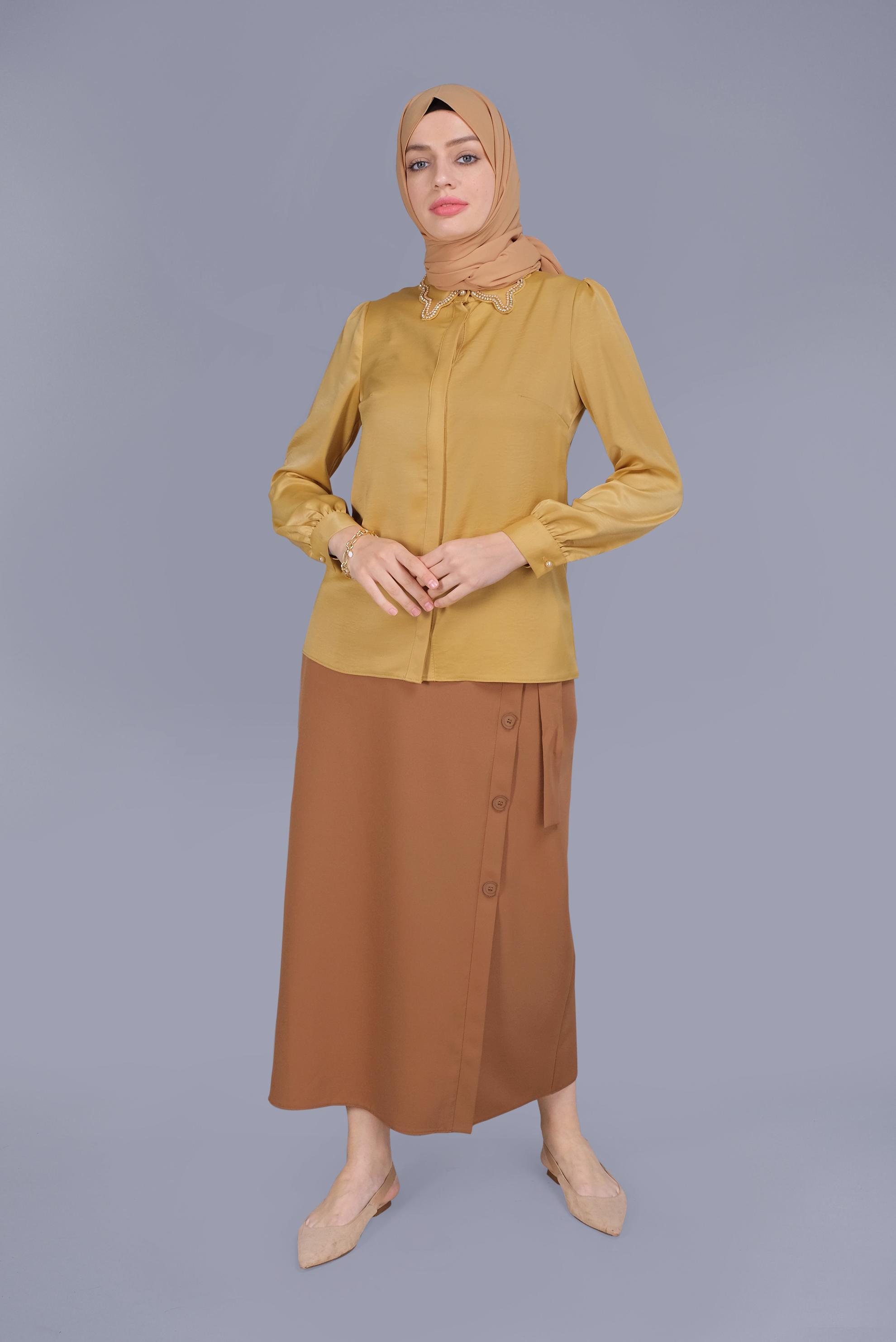 Tesettür giyim SARI YAKASI BONCUK İŞLEMELİ DÜĞMELİ BLUZ 41452 