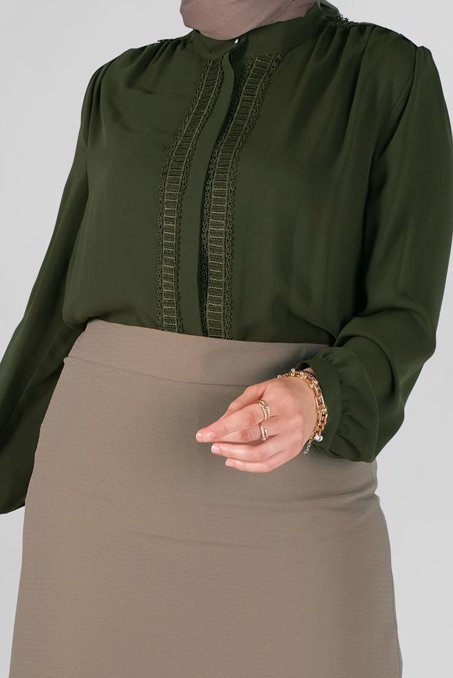 Vêtements hijab KAKI BLOUSE DÉTAILLÉE GUİPURE 41471  - ALVİNA