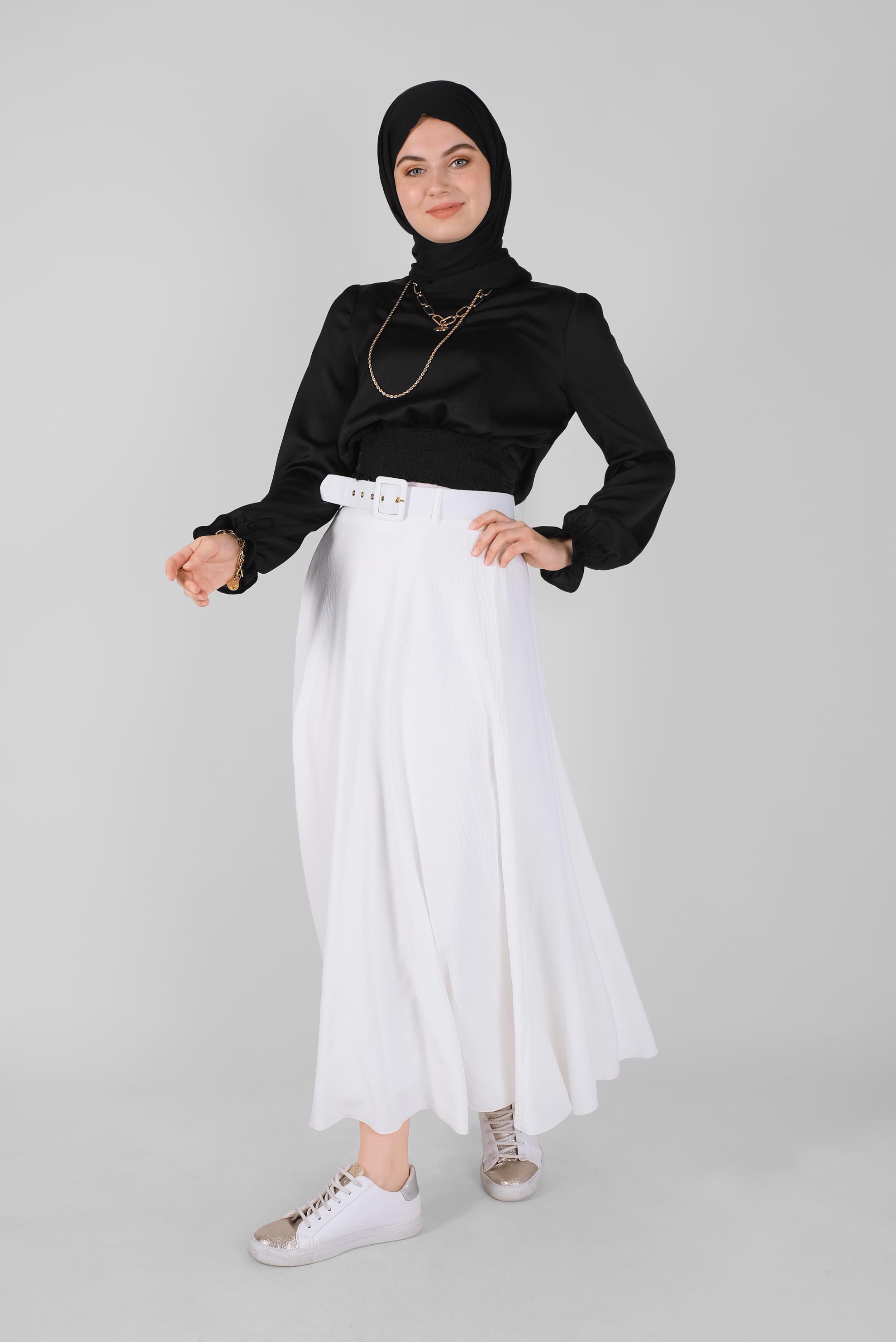 Tesettür giyim SİYAH GİPE LASTİKLİ SATEN BLUZ 41518