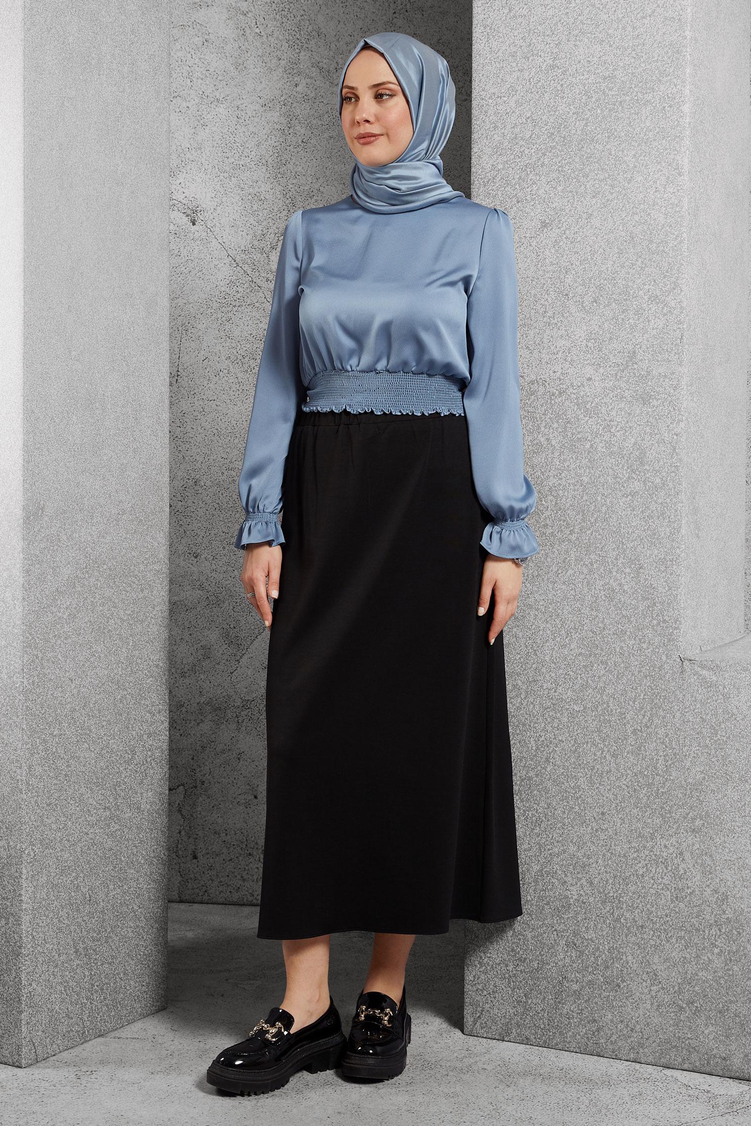 Tesettür giyim MAVİ GİPE LASTİKLİ SATEN BLUZ 41518