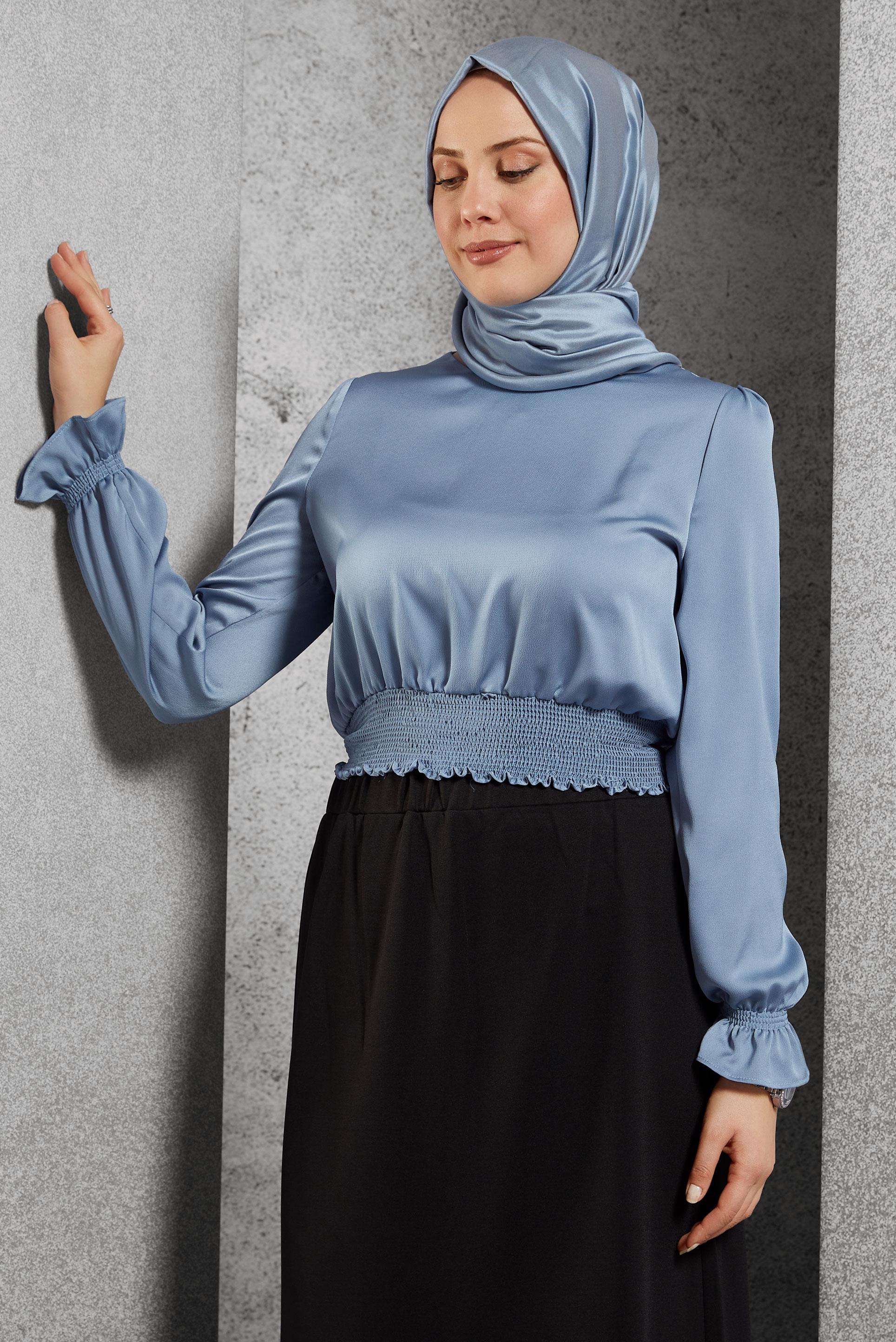 Tesettür giyim MAVİ GİPE LASTİKLİ SATEN BLUZ 41518