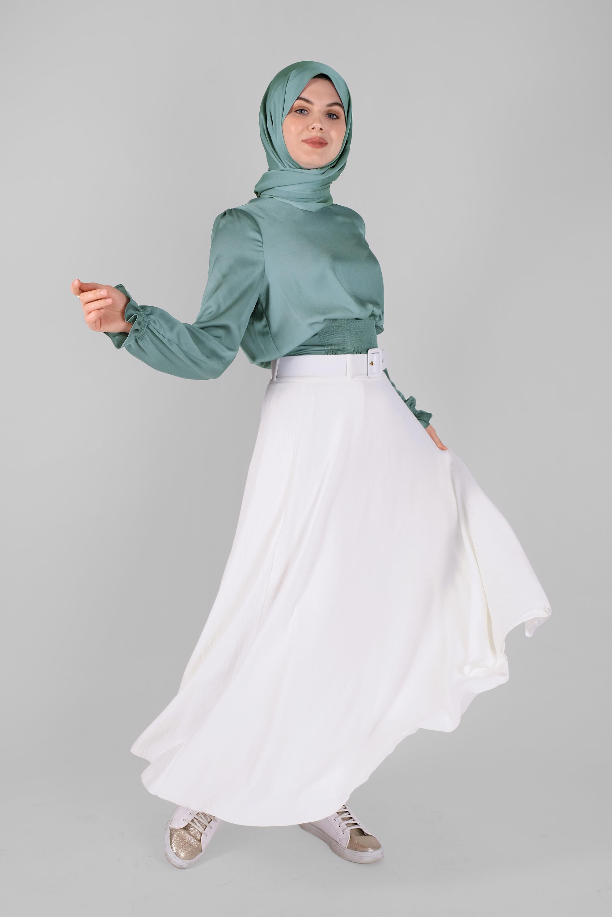 Tesettür giyim YEŞİL GİPE LASTİKLİ SATEN BLUZ 41518
