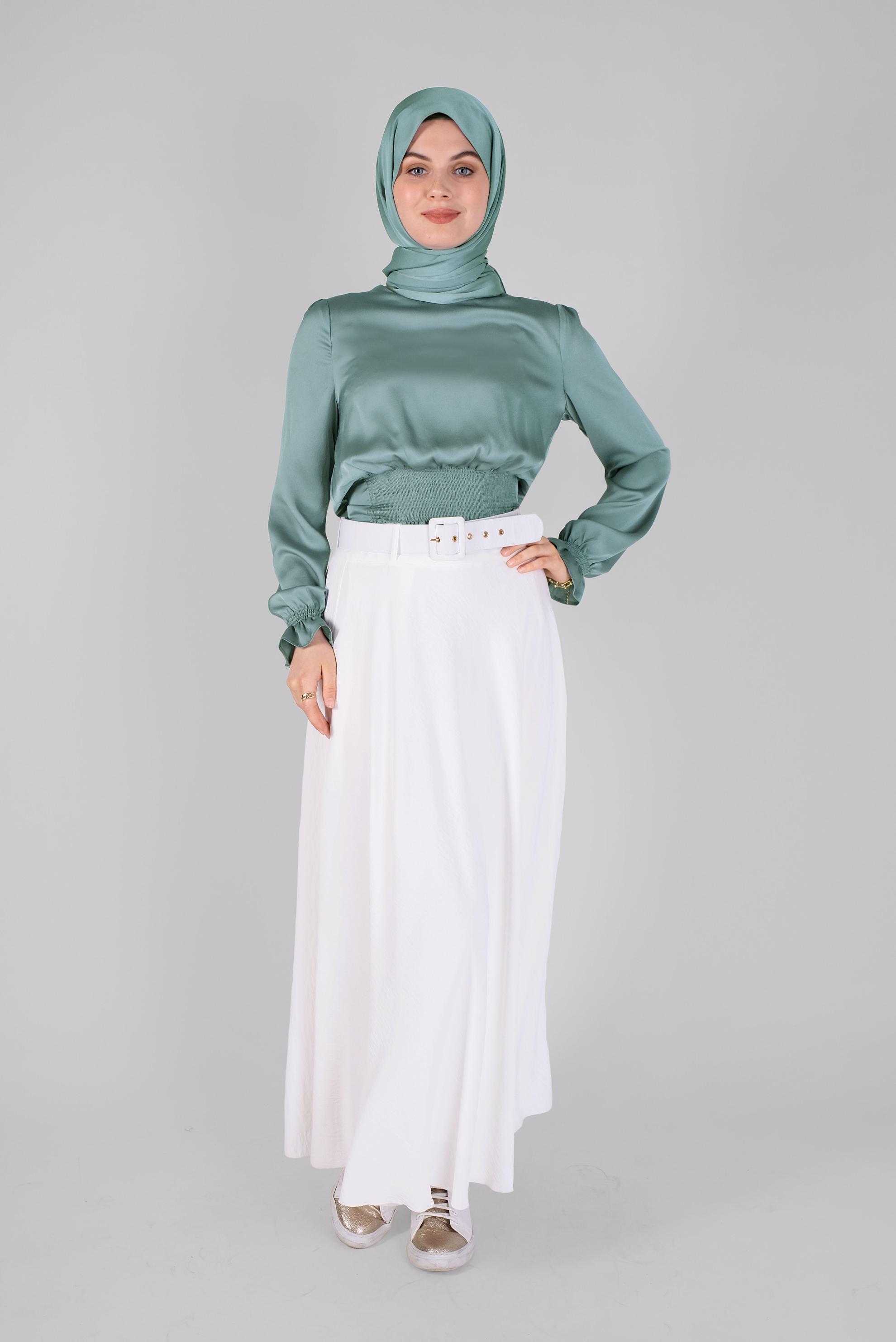 Tesettür giyim YEŞİL GİPE LASTİKLİ SATEN BLUZ 41518