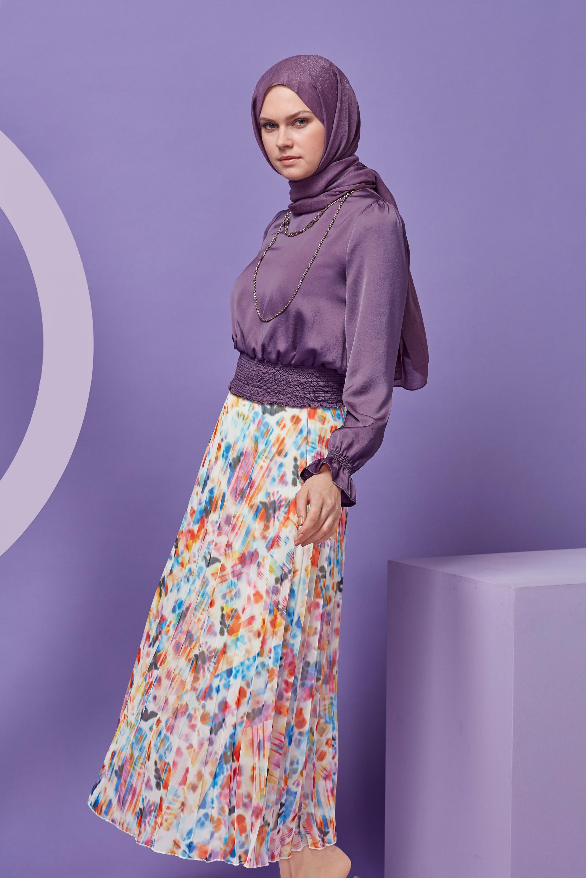 Tesettür giyim MOR GİPE LASTİKLİ SATEN BLUZ 41518