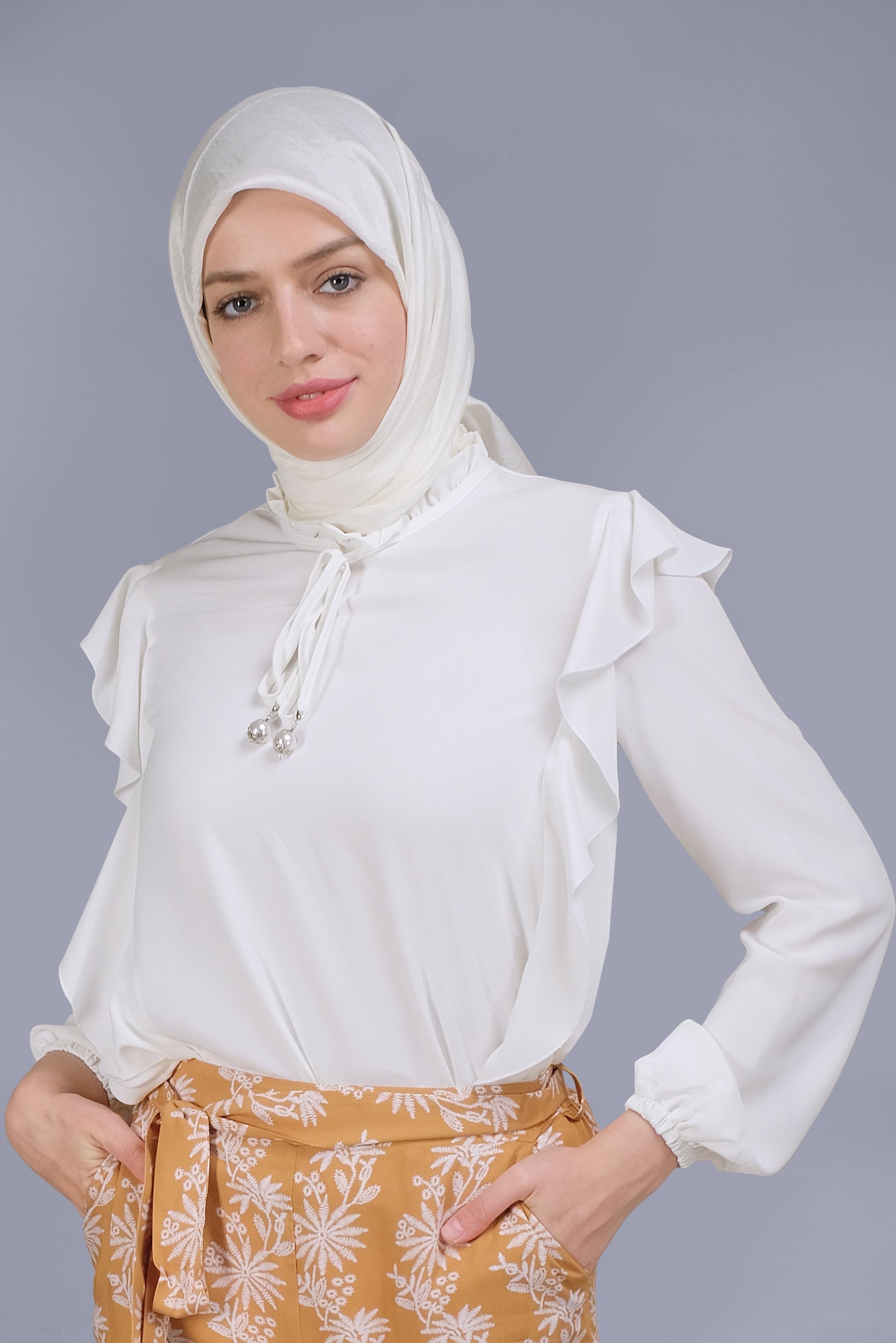 Tesettür giyim BEYAZ YAKASI FIRFIRLI BAĞCIKLI BLUZ 41523