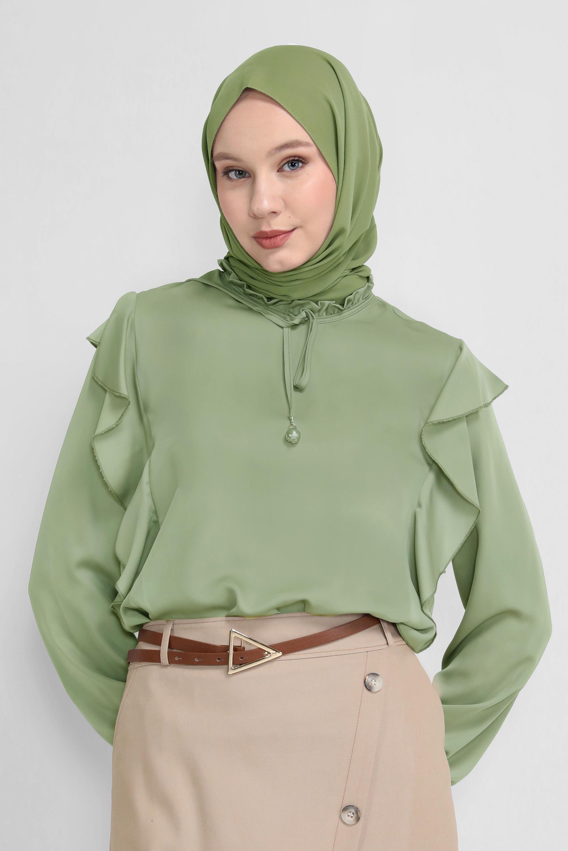 Tesettür giyim HAKİ YAKASI FIRFIRLI BAĞCIKLI BLUZ 41523