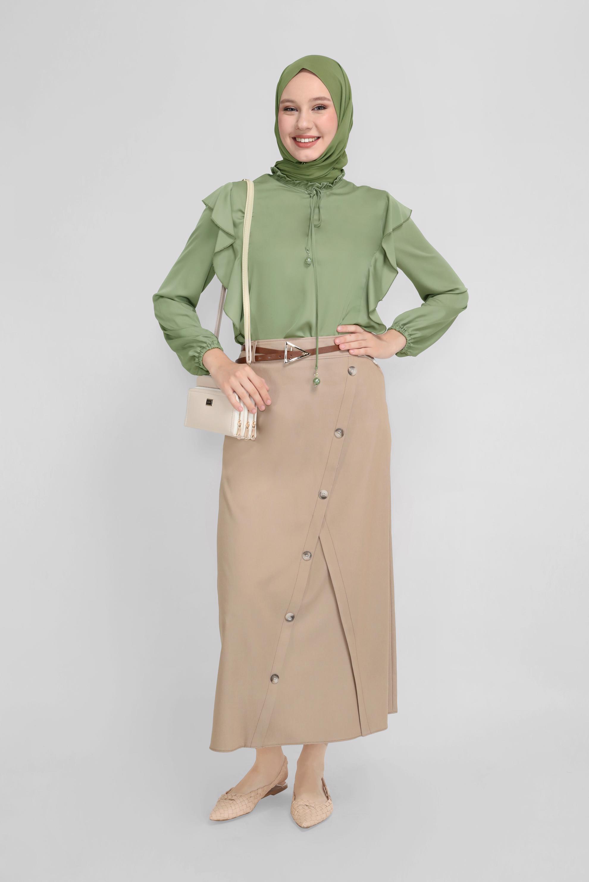 Tesettür giyim HAKİ YAKASI FIRFIRLI BAĞCIKLI BLUZ 41523