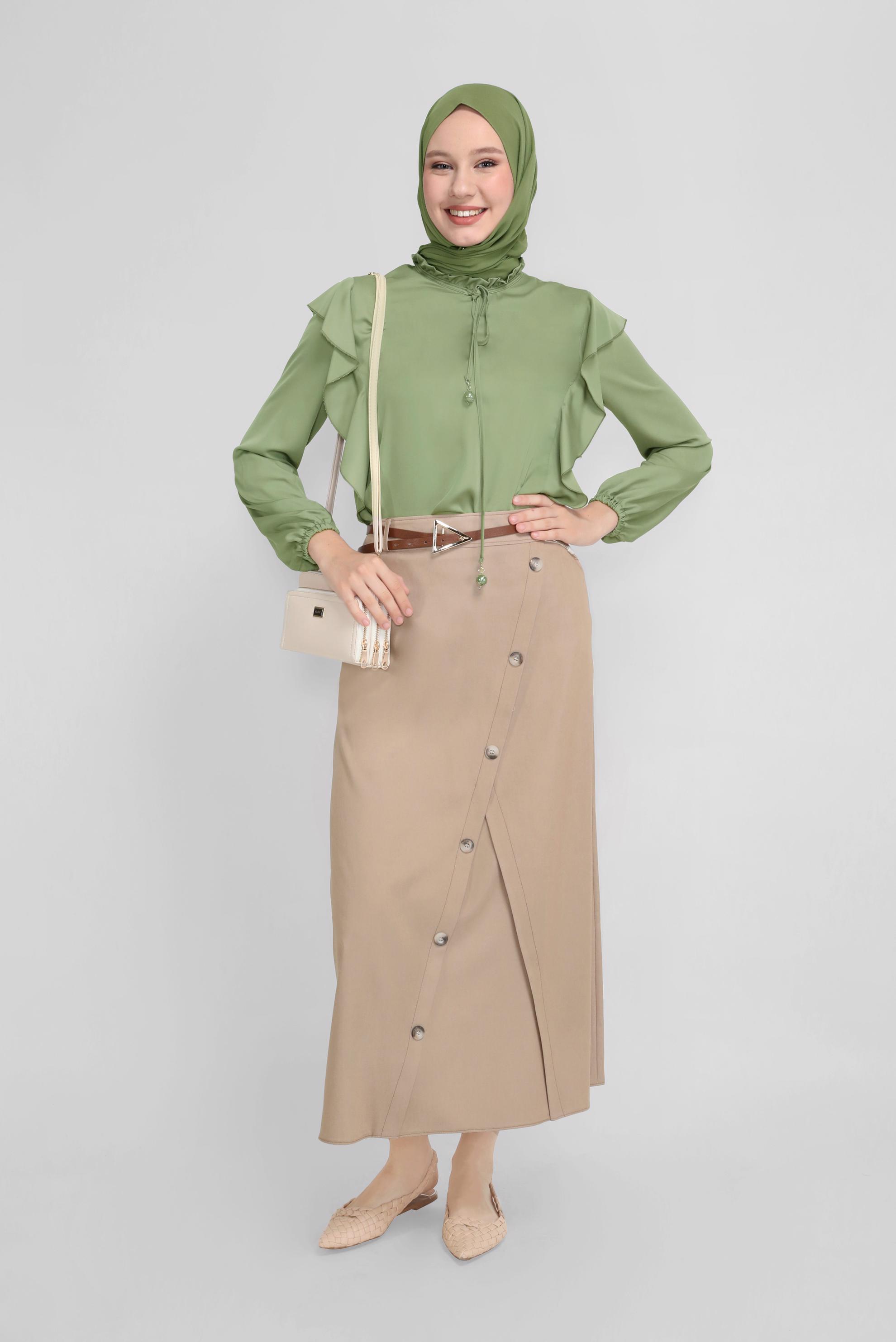 Tesettür giyim YEŞİL YAKASI FIRFIRLI BAĞCIKLI BLUZ 41523