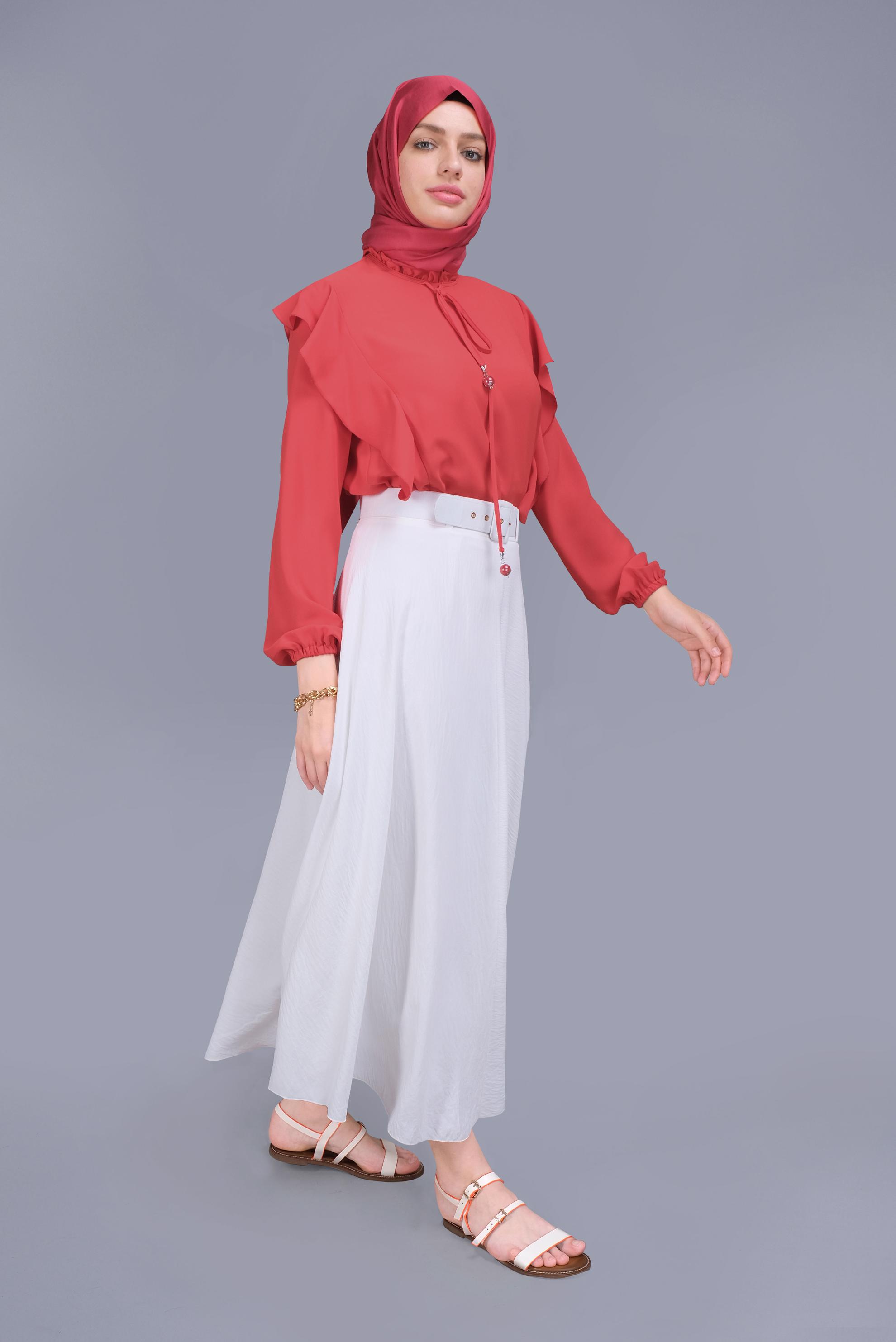 Tesettür giyim KIRMIZI YAKASI FIRFIRLI BAĞCIKLI BLUZ 41523