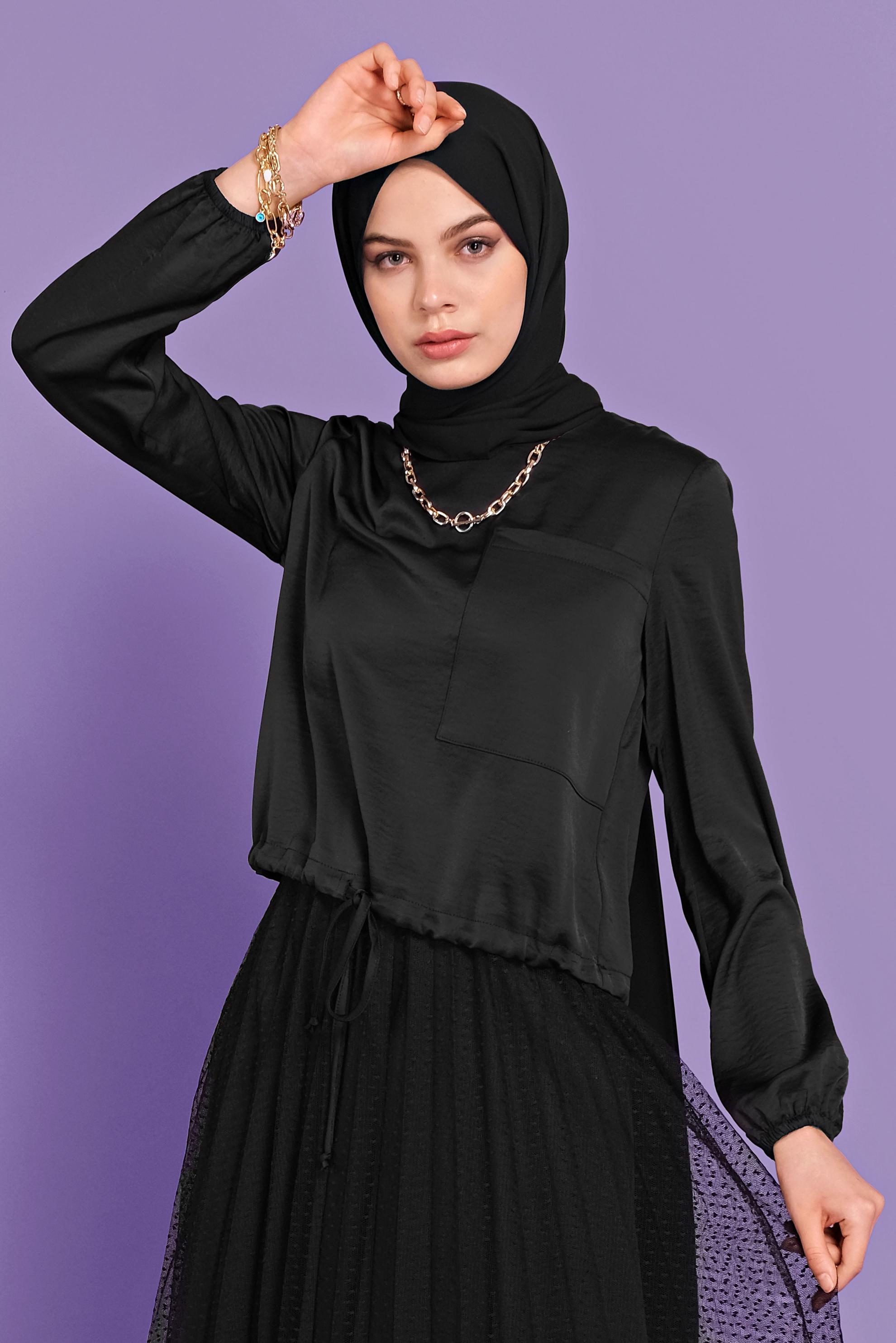 Tesettür giyim SİYAH BELDEN BÜZGÜ BAĞCIKLI CEPLİ BLUZ 41532