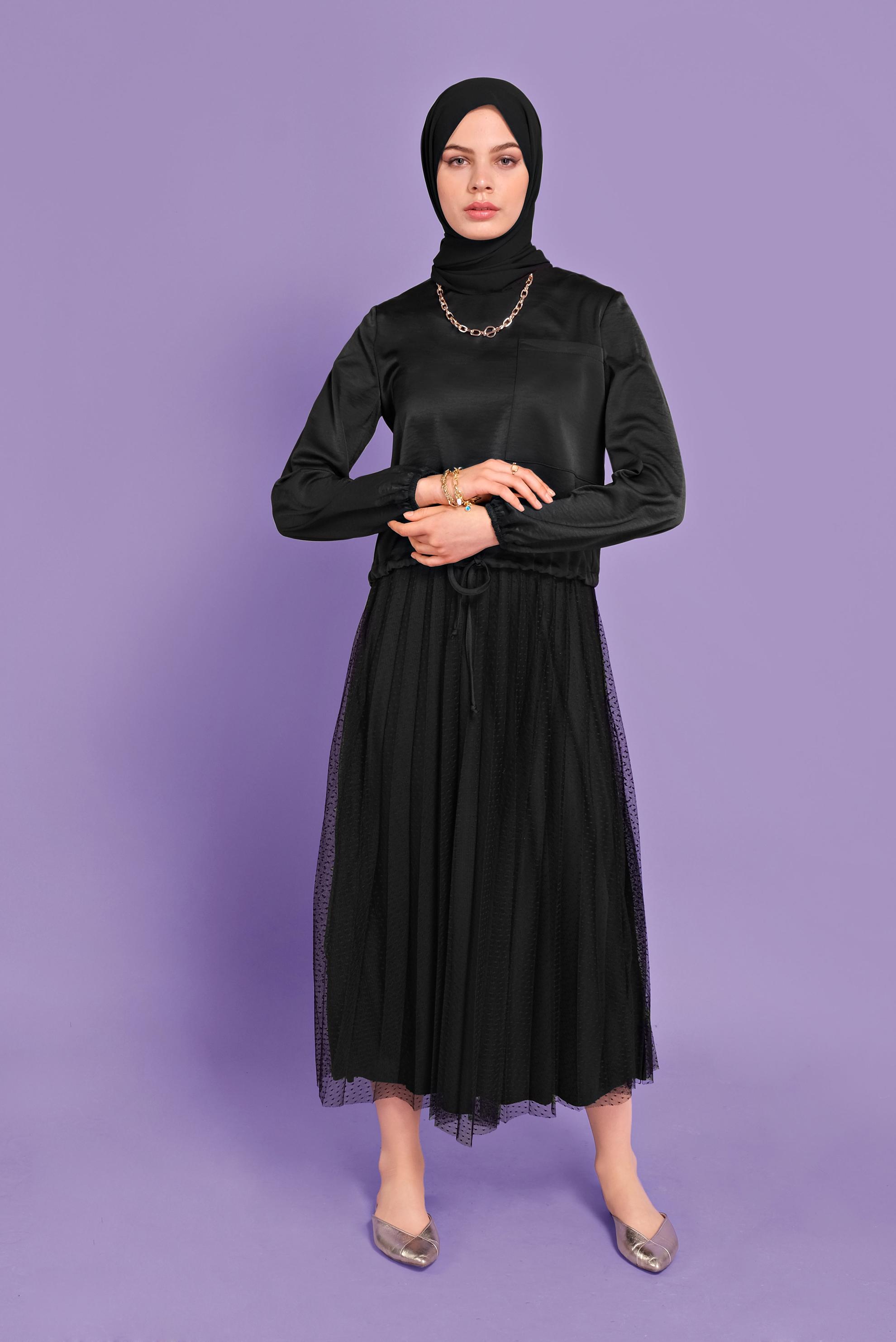 Tesettür giyim SİYAH BELDEN BÜZGÜ BAĞCIKLI CEPLİ BLUZ 41532