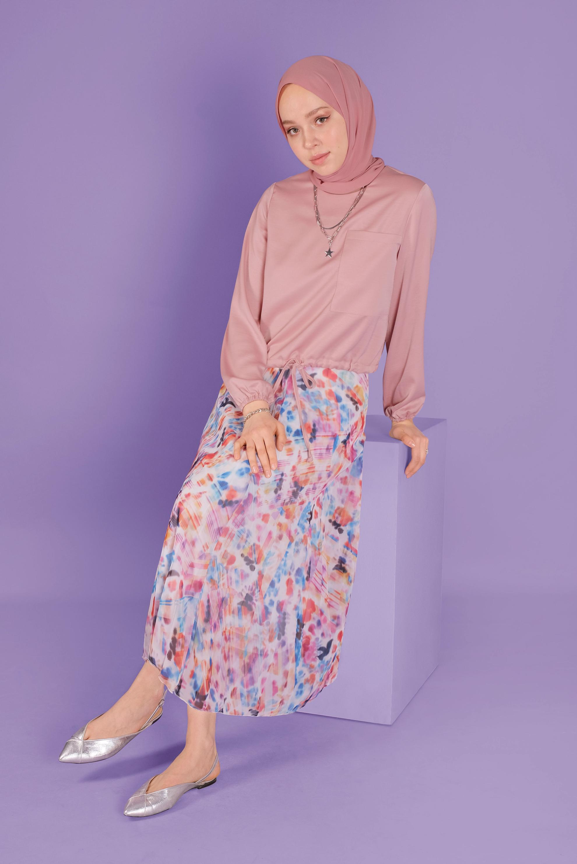 Tesettür giyim PUDRA BELDEN BÜZGÜ BAĞCIKLI CEPLİ BLUZ 41532