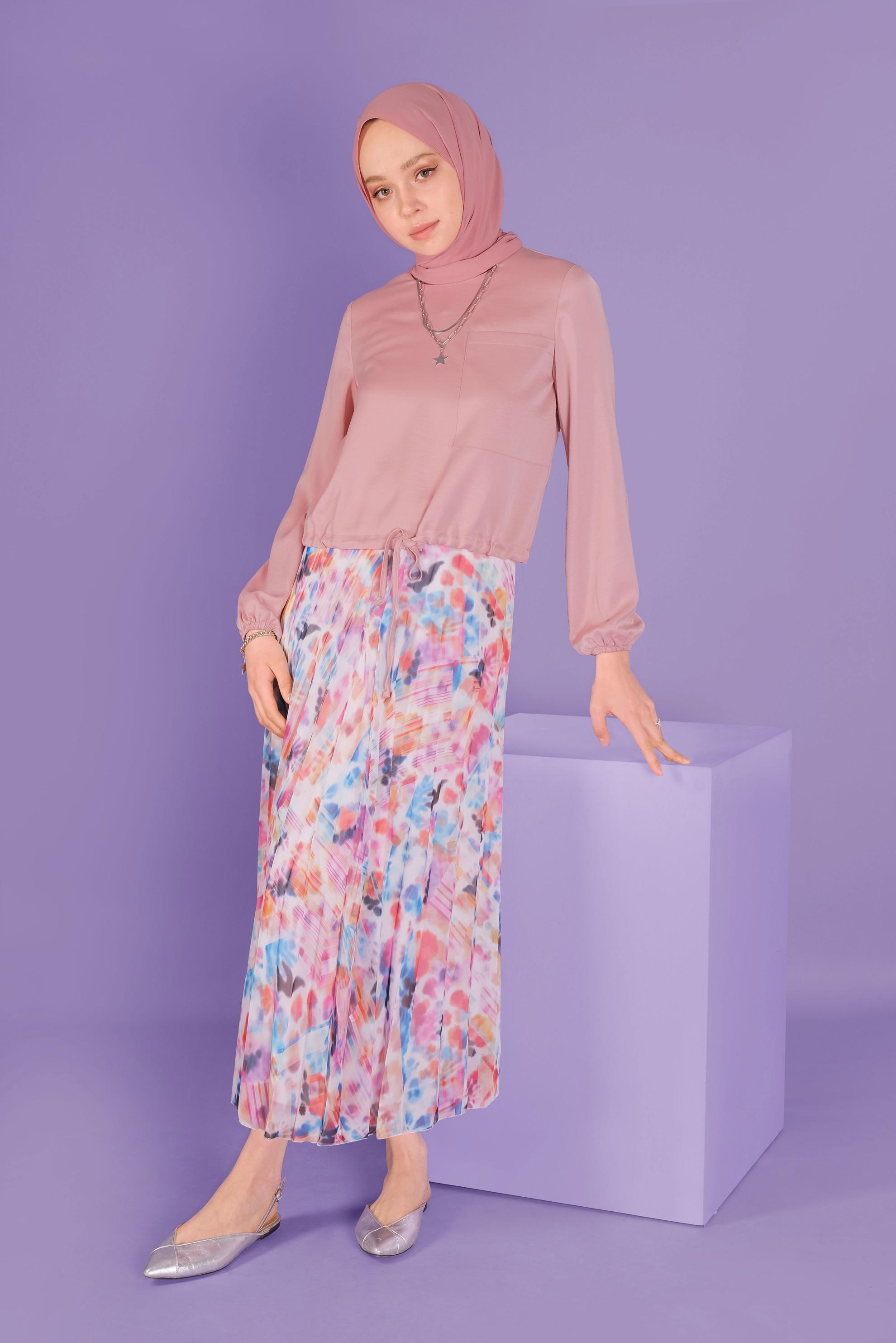 Tesettür giyim PUDRA BELDEN BÜZGÜ BAĞCIKLI CEPLİ BLUZ 41532