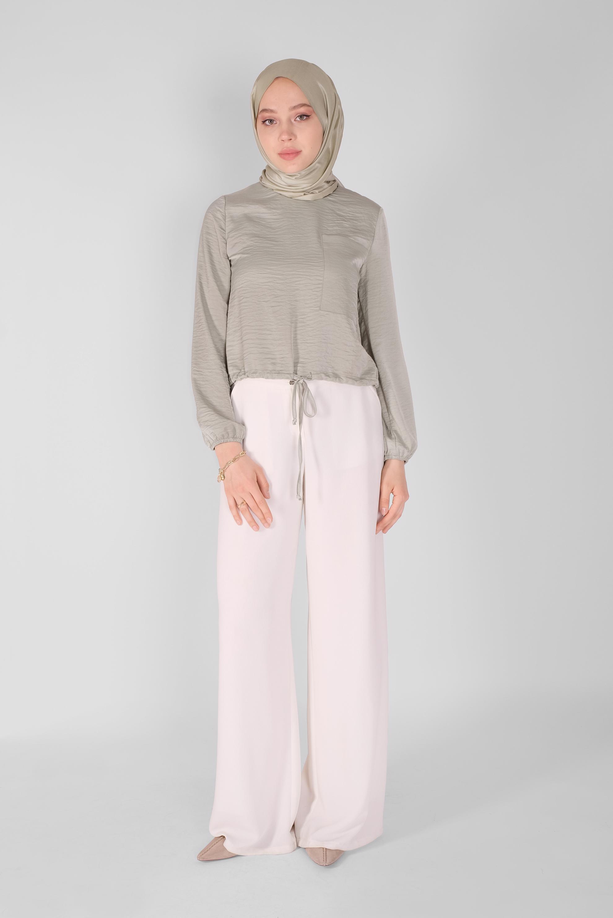 Tesettür giyim BEJ BELDEN BÜZGÜ BAĞCIKLI CEPLİ BLUZ 41532