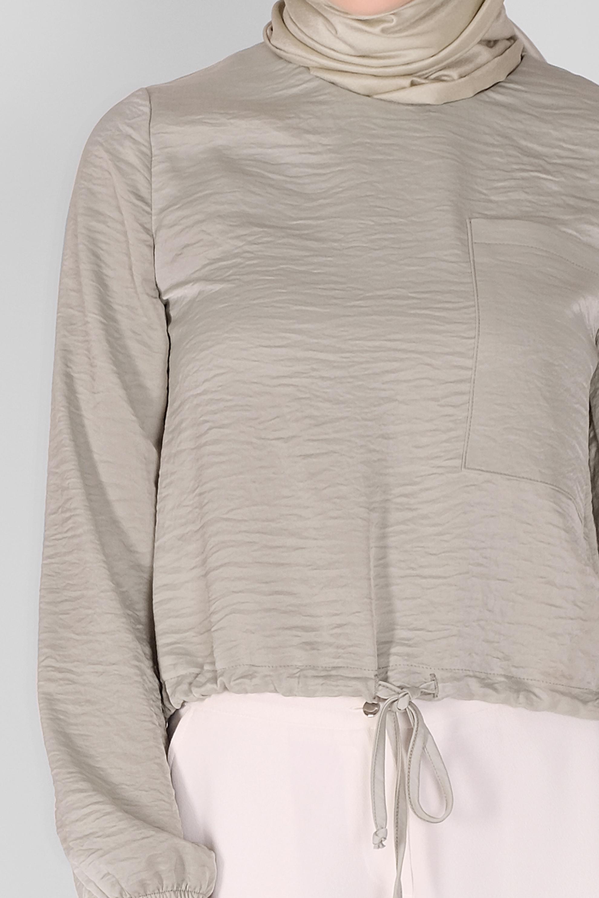 Tesettür giyim BEJ BELDEN BÜZGÜ BAĞCIKLI CEPLİ BLUZ 41532