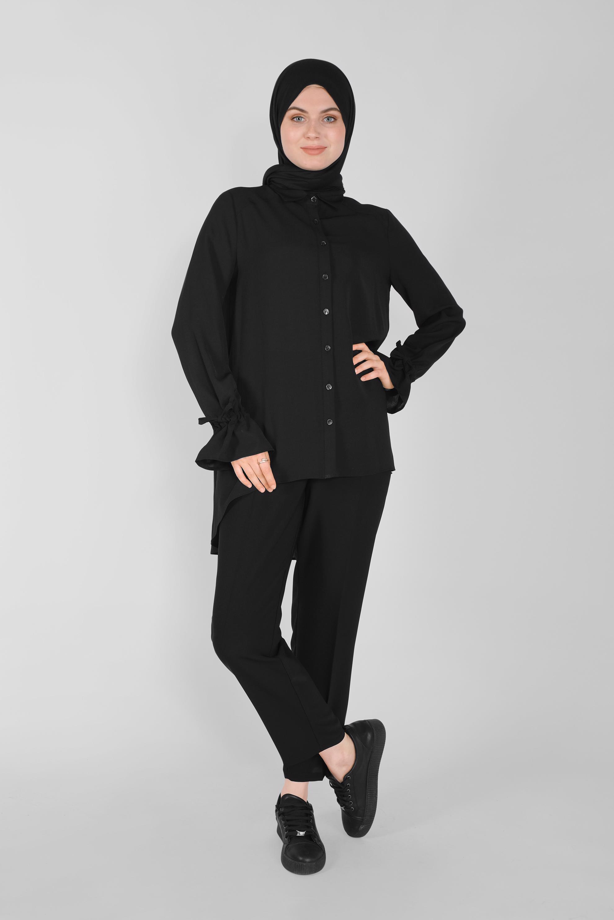 Tesettür giyim SİYAH MANŞETLERİ BAĞCIKLI BLUZ  41564 
