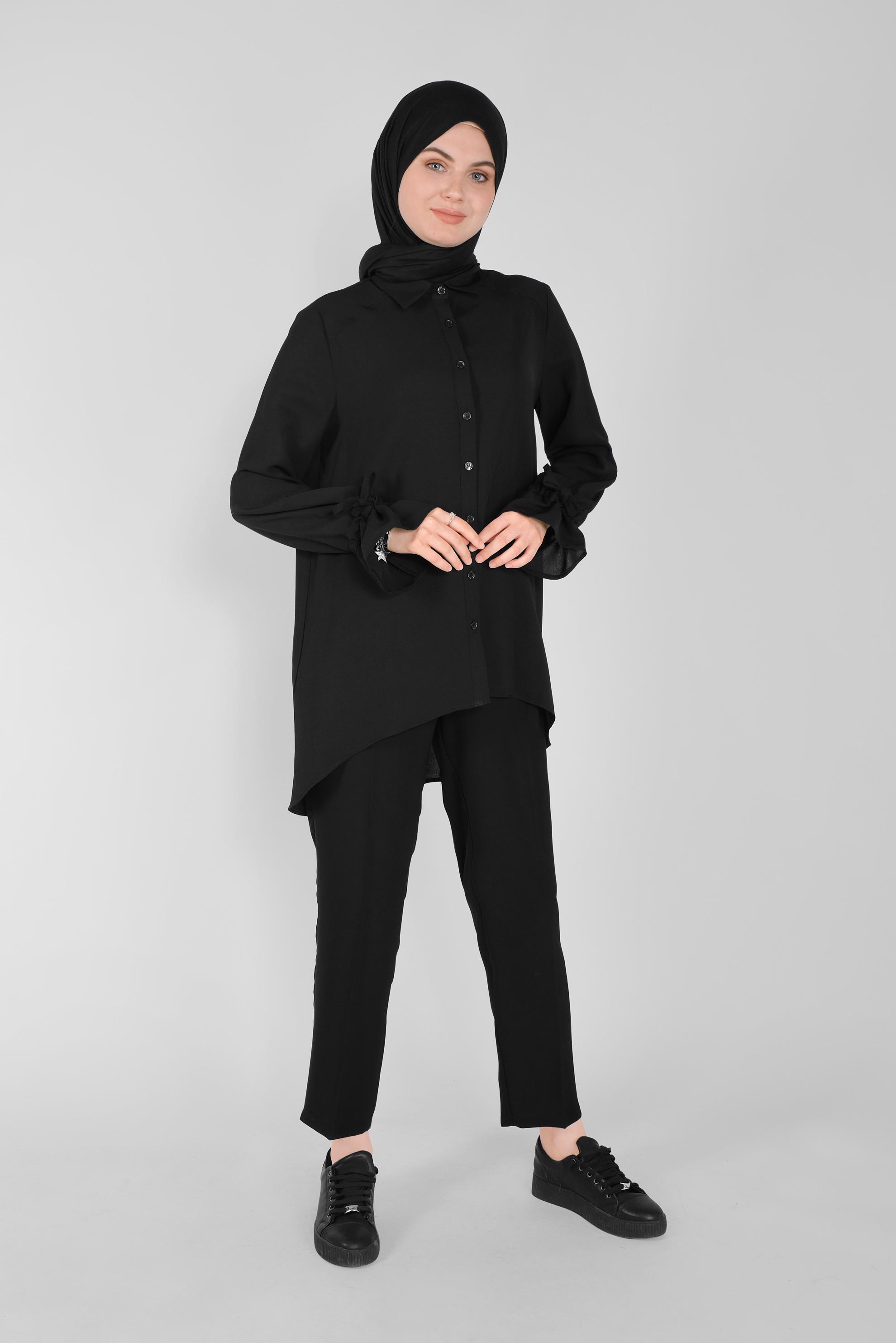 Tesettür giyim SİYAH MANŞETLERİ BAĞCIKLI BLUZ  41564 