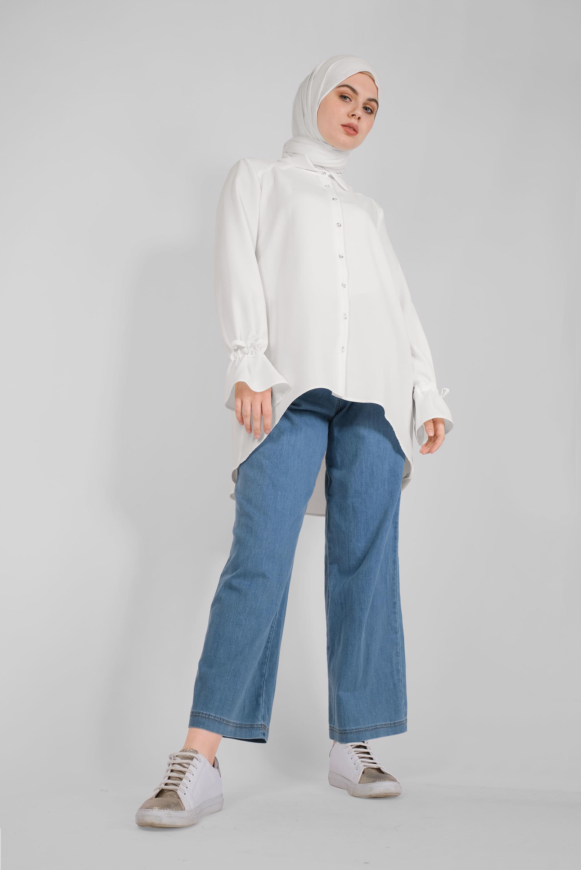 Tesettür giyim BEYAZ MANŞETLERİ BAĞCIKLI BLUZ  41564 