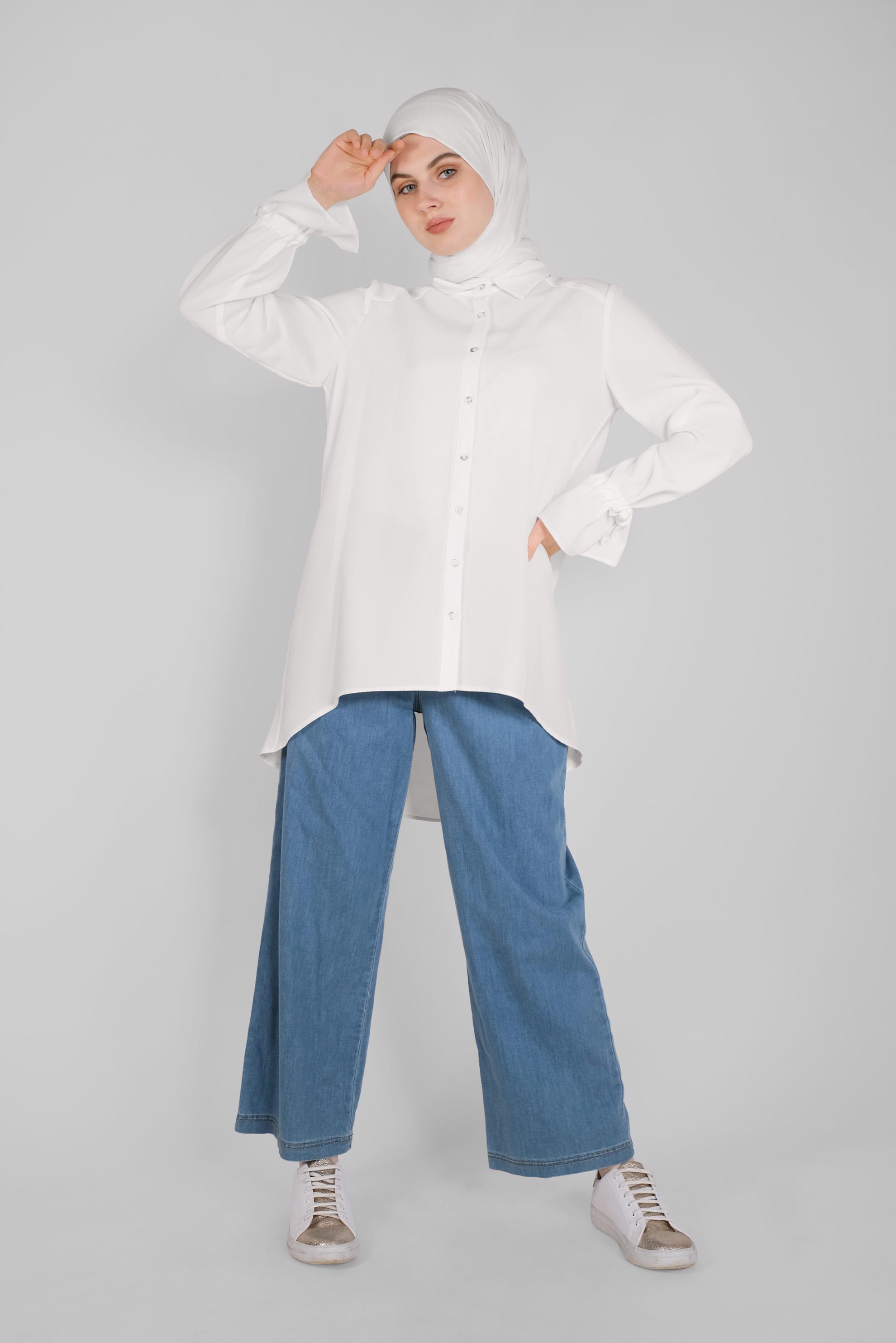 Tesettür giyim BEYAZ MANŞETLERİ BAĞCIKLI BLUZ  41564 