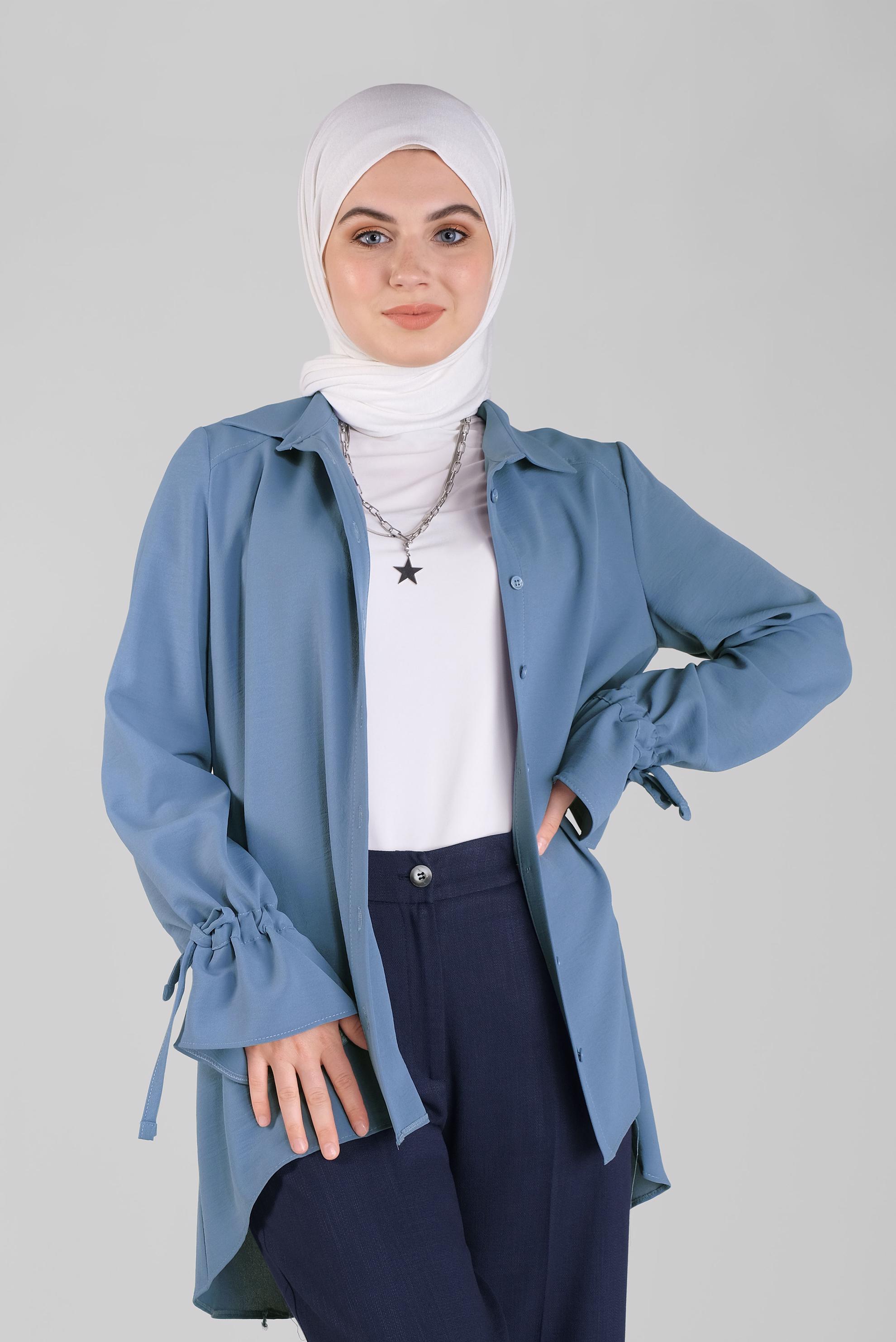 Tesettür giyim MAVİ MANŞETLERİ BAĞCIKLI BLUZ  41564 