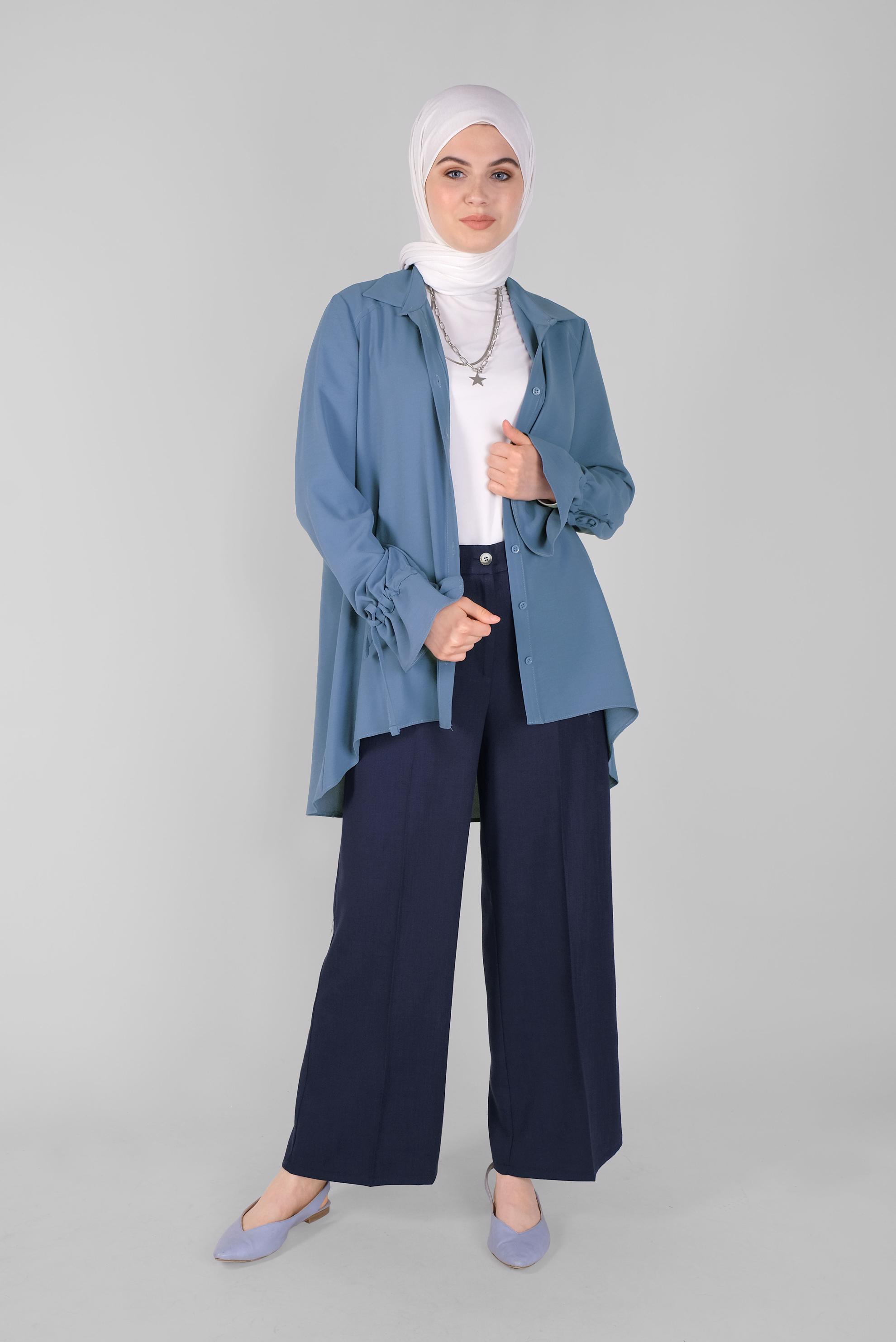 Tesettür giyim MAVİ MANŞETLERİ BAĞCIKLI BLUZ  41564 