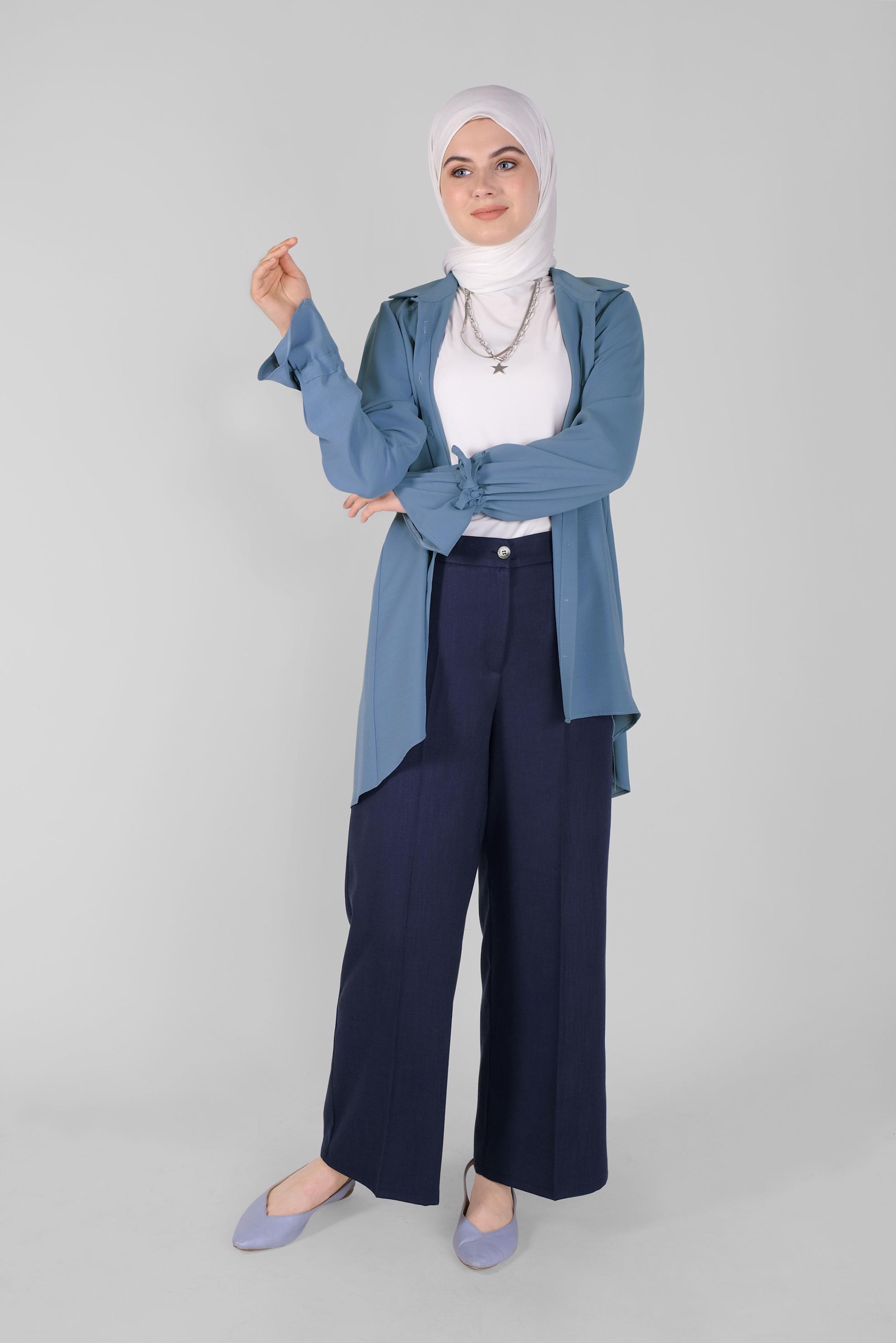 Tesettür giyim MAVİ MANŞETLERİ BAĞCIKLI BLUZ  41564 