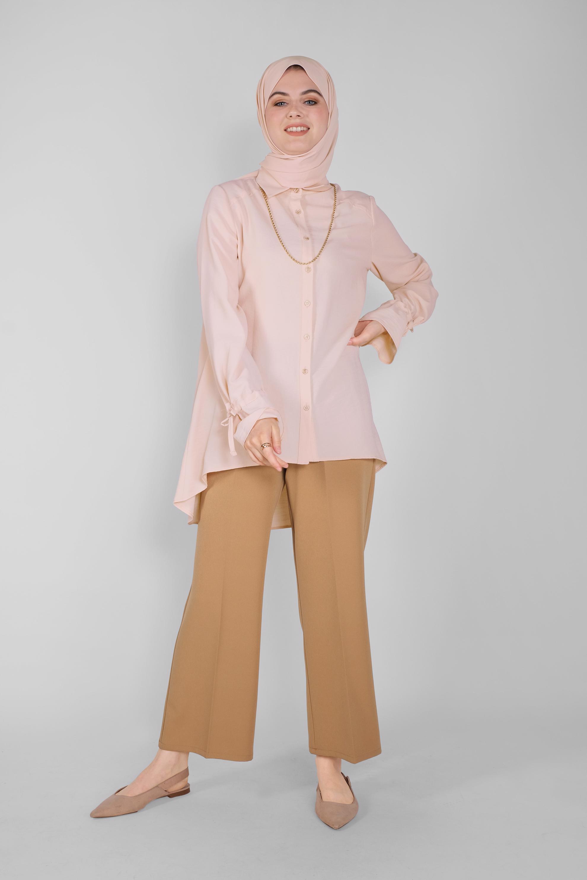 Tesettür giyim EKRU MANŞETLERİ BAĞCIKLI BLUZ  41564 