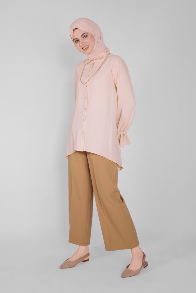 Tesettür giyim EKRU MANŞETLERİ BAĞCIKLI BLUZ  41564  - ALVİNA