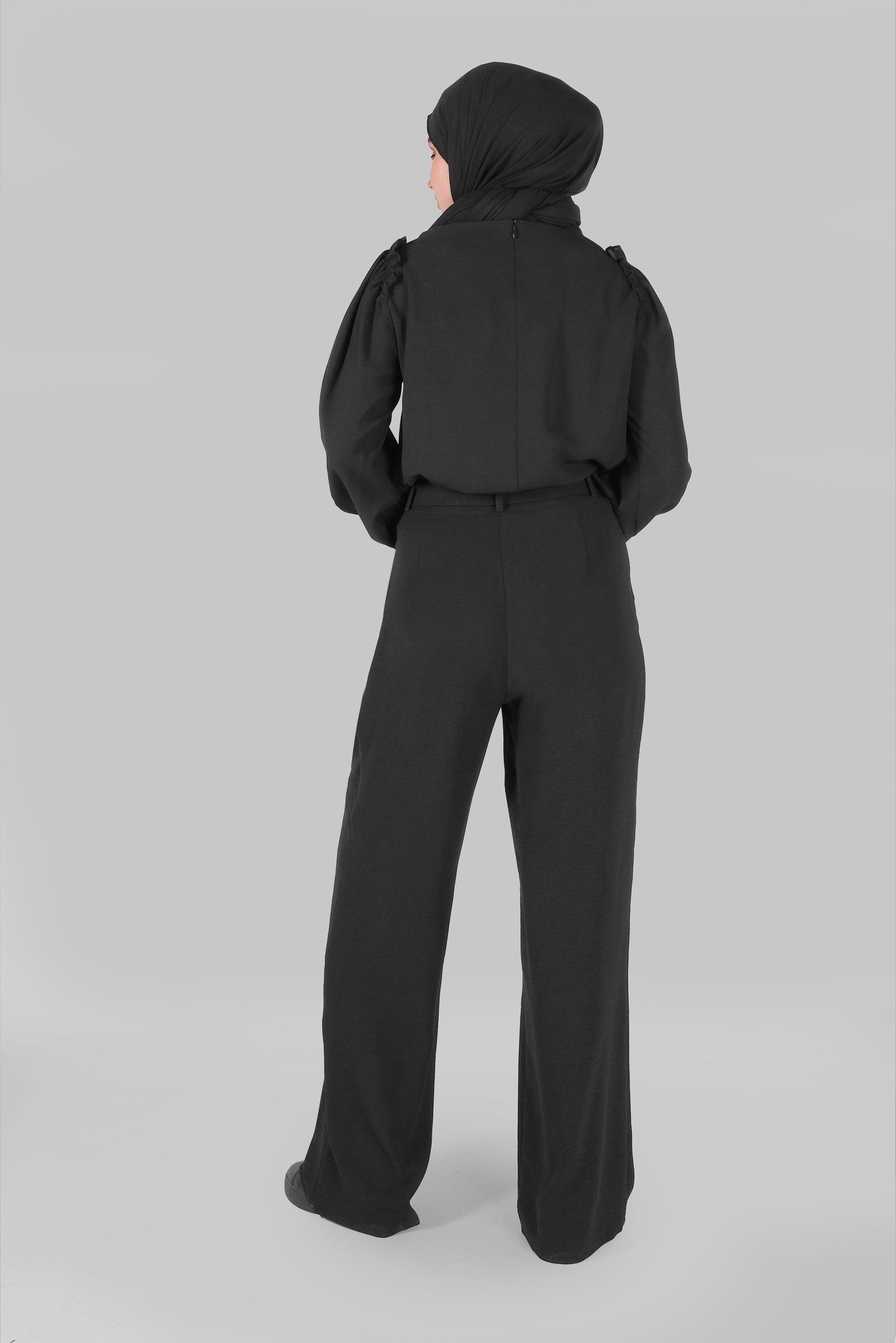 Tesettür giyim SİYAH OMUZLARI FIRFIR DETAYLI BLUZ 41588 