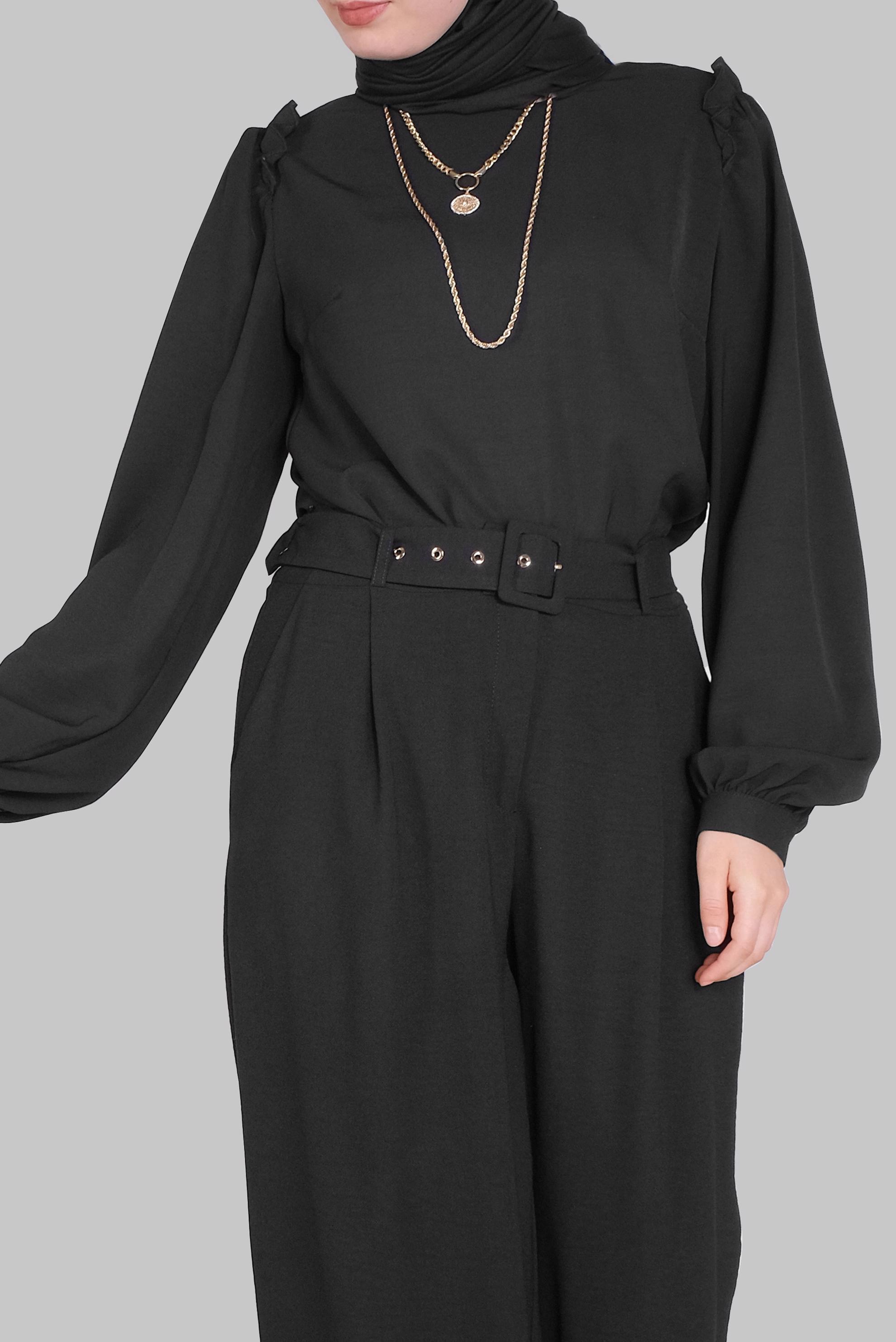 Tesettür giyim SİYAH OMUZLARI FIRFIR DETAYLI BLUZ 41588 