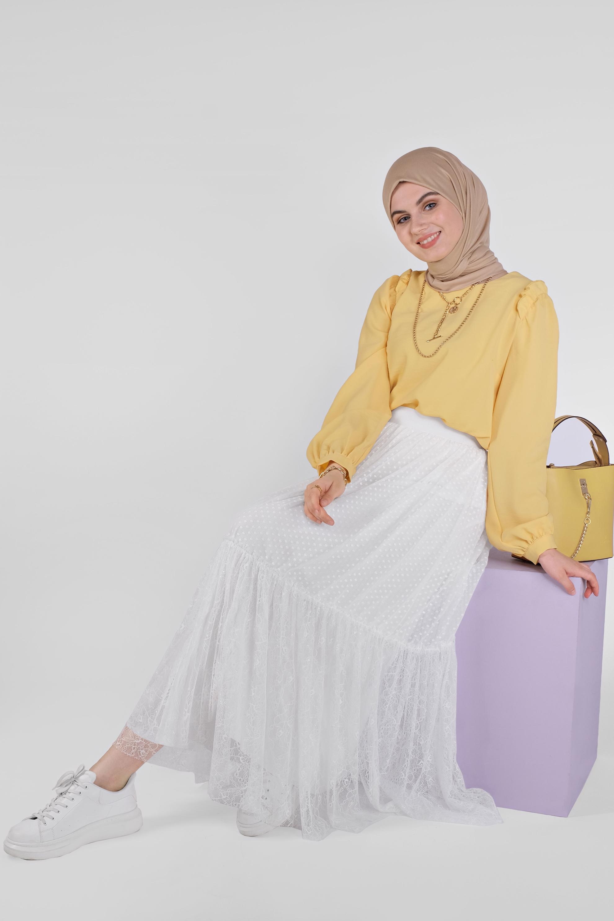 Tesettür giyim SARI OMUZLARI FIRFIR DETAYLI BLUZ 41588 