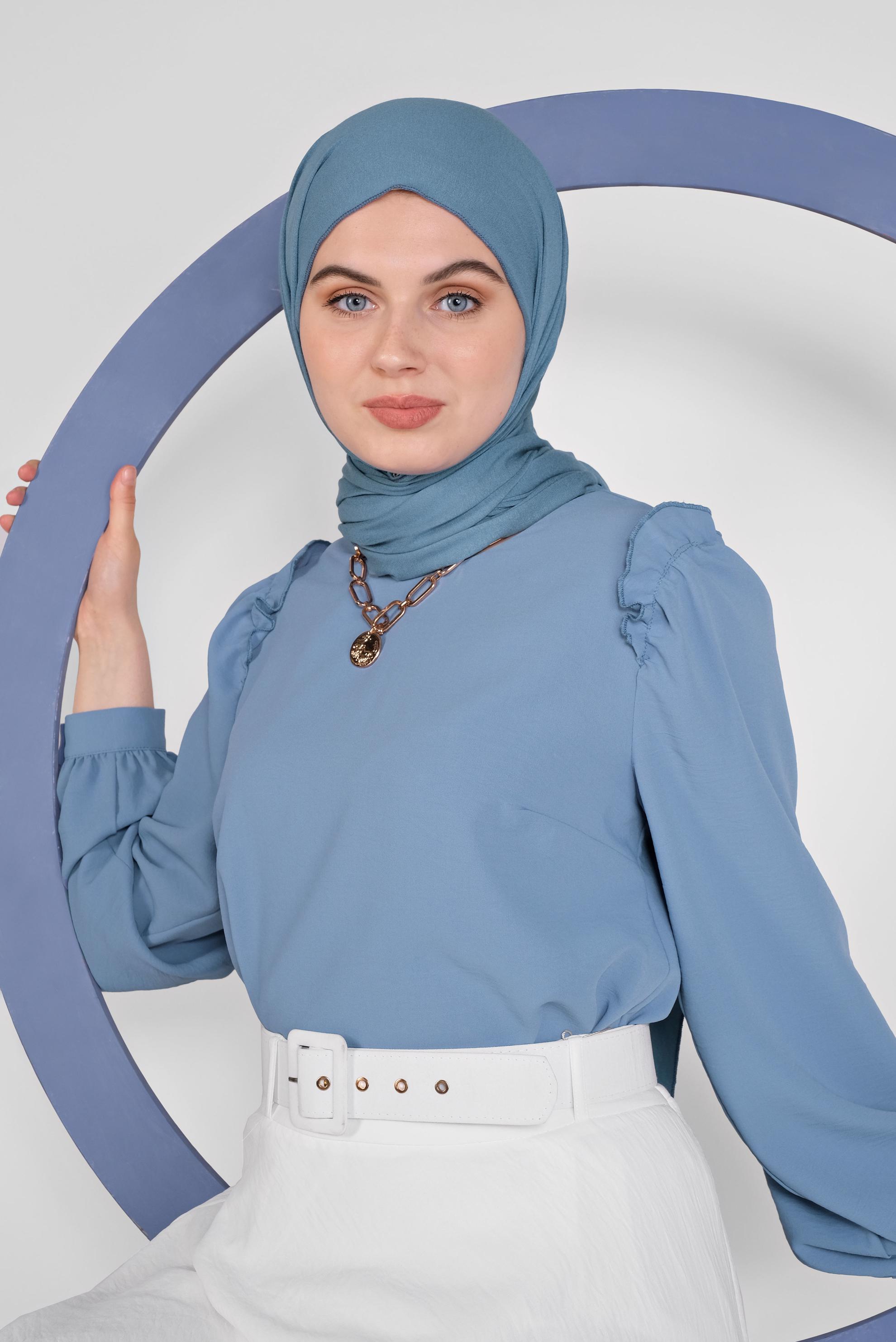 Tesettür giyim MAVİ OMUZLARI FIRFIR DETAYLI BLUZ 41588 