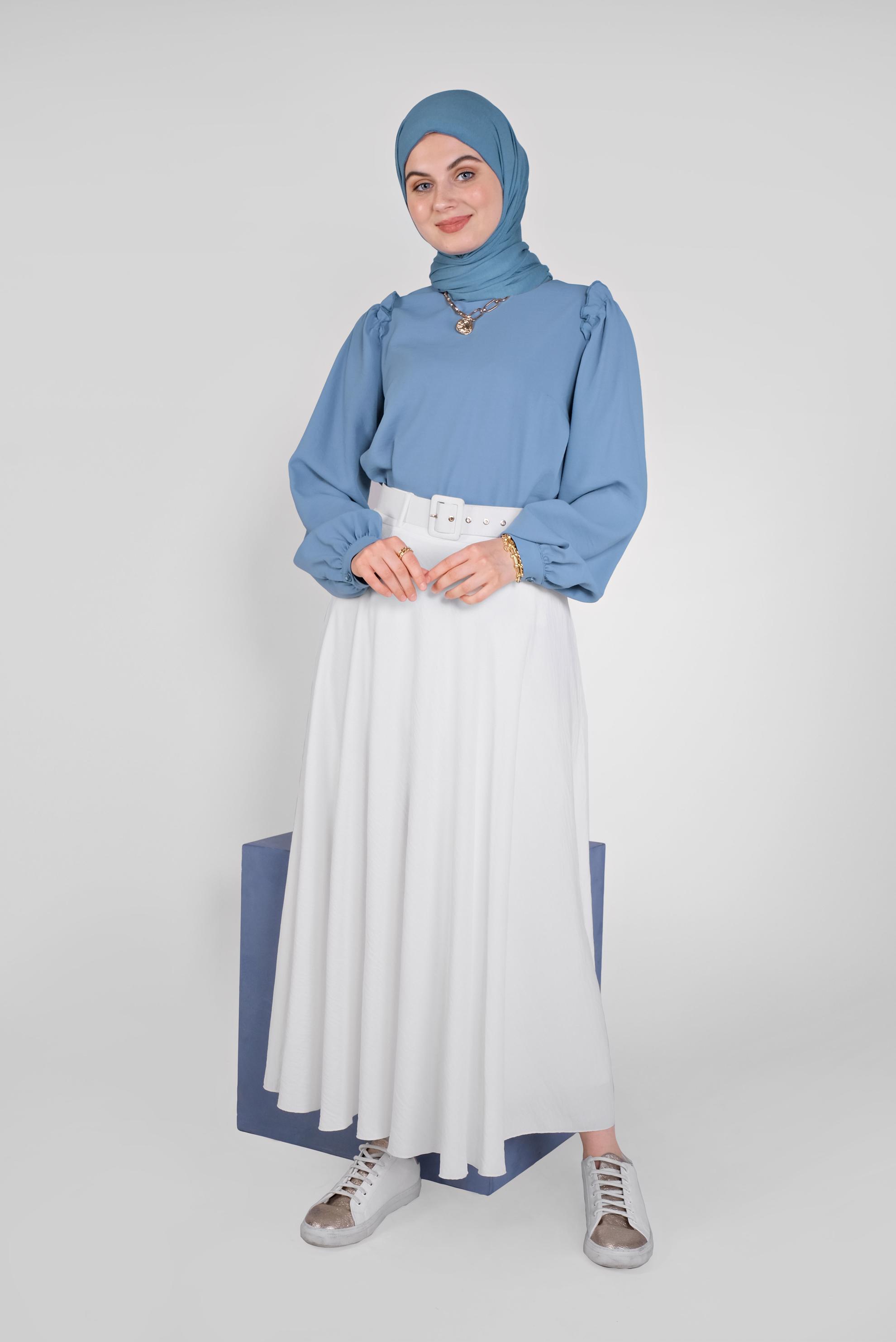 Tesettür giyim MAVİ OMUZLARI FIRFIR DETAYLI BLUZ 41588 